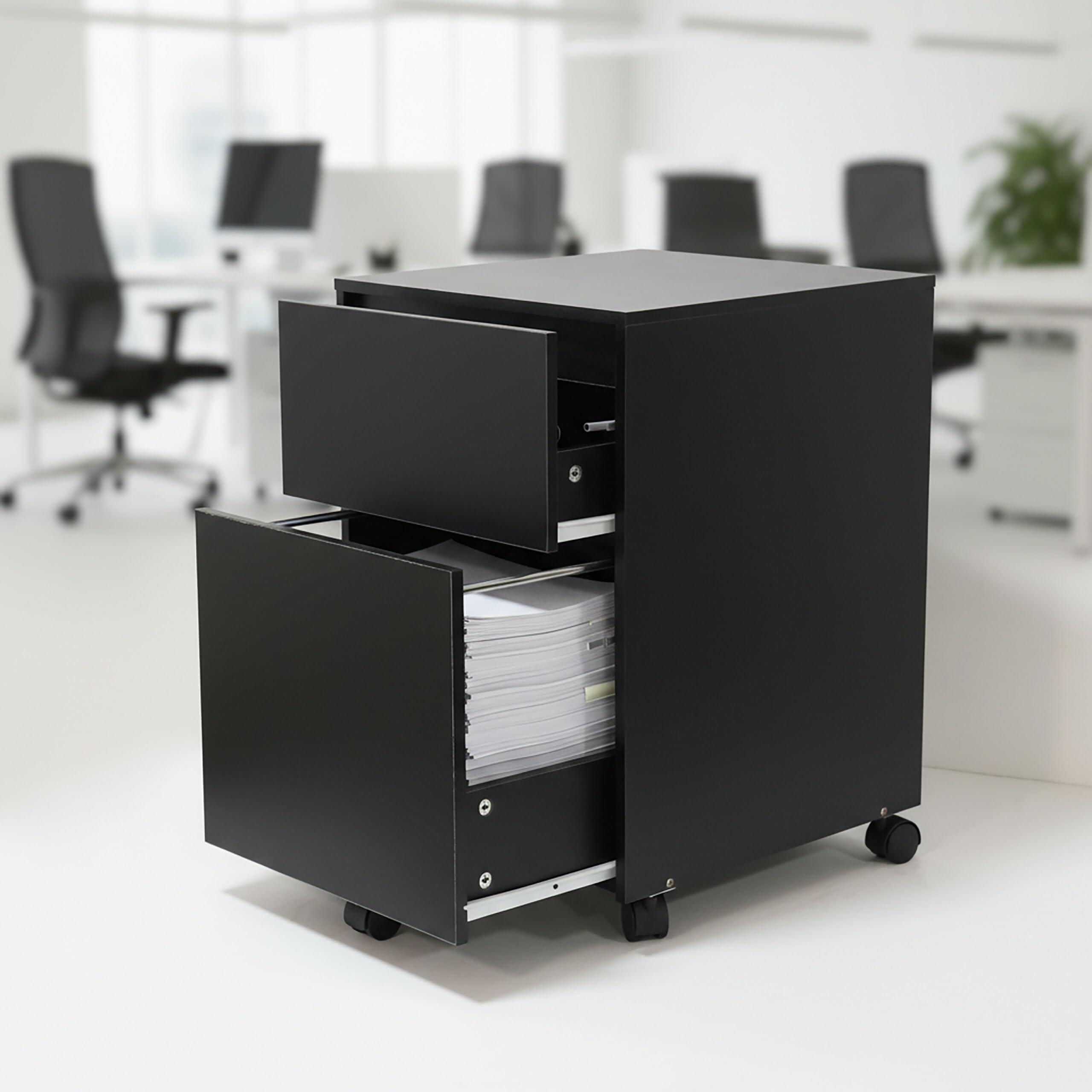 Relaxdays Caisson Bureau sur roulettes, 2 tiroirs, pour dossiers Suspendus, 57x40x40 cm, Noir