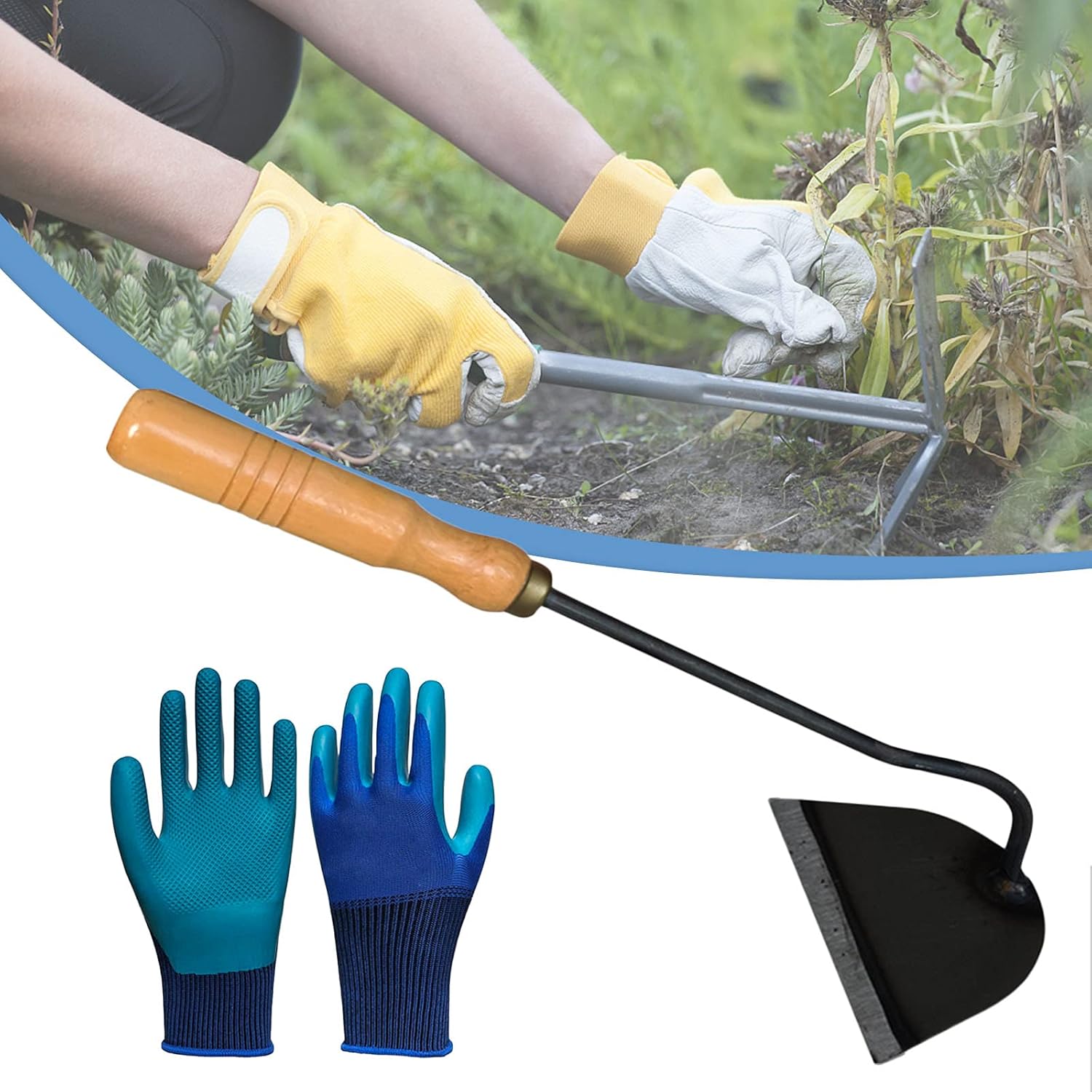 YHWD Azada De Jardín, Azada, Herramientas De Deshierbe De Jardín con Mango De Madera, Guantes para Desyerbar, Aflojar Y Plantar En El Patio Trasero