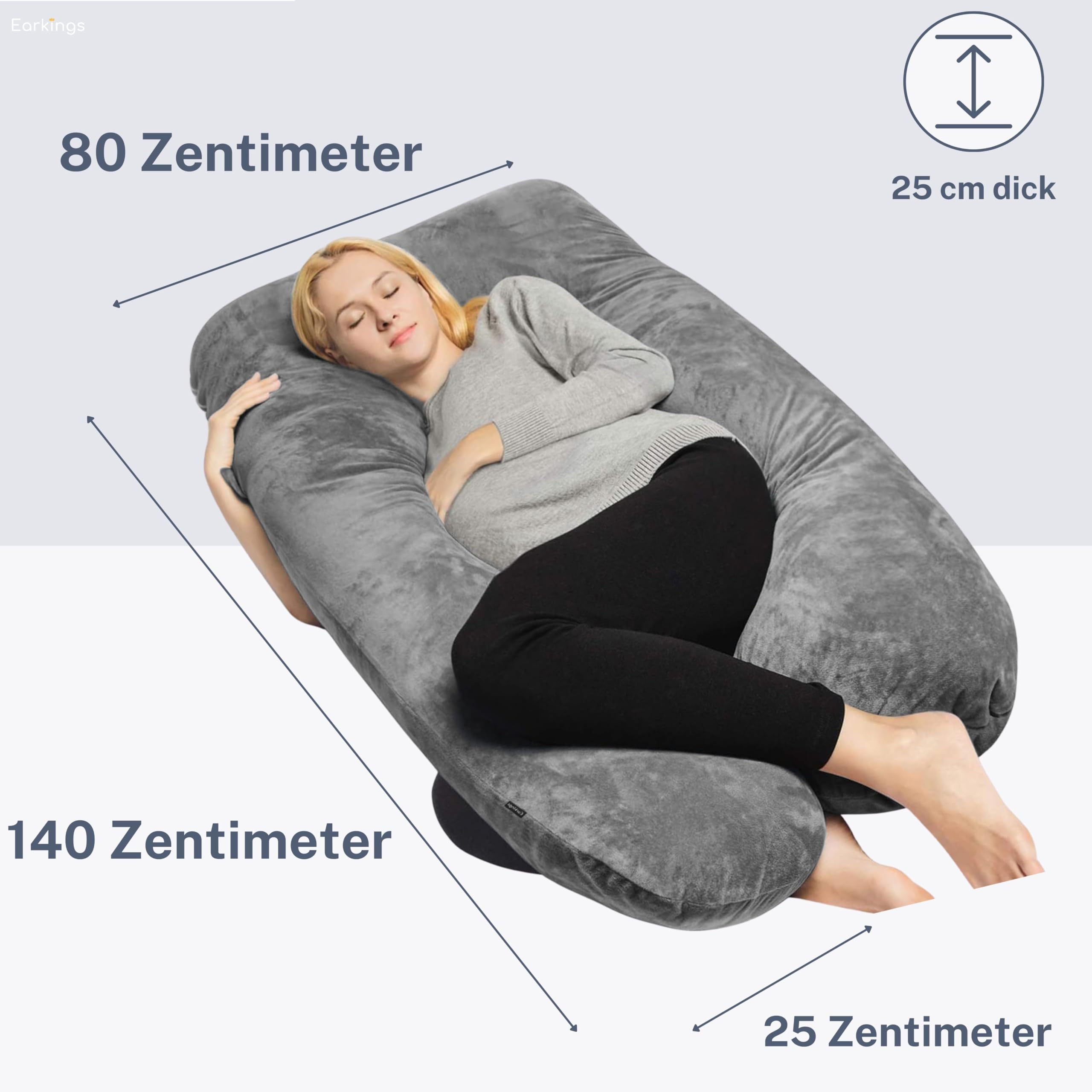 Cuscino per gravidanza, cuscino per dormire sul lato, 140 x 80 cm a forma di U con fodera rimovibile, cuscino per il corpo, grigio scuro