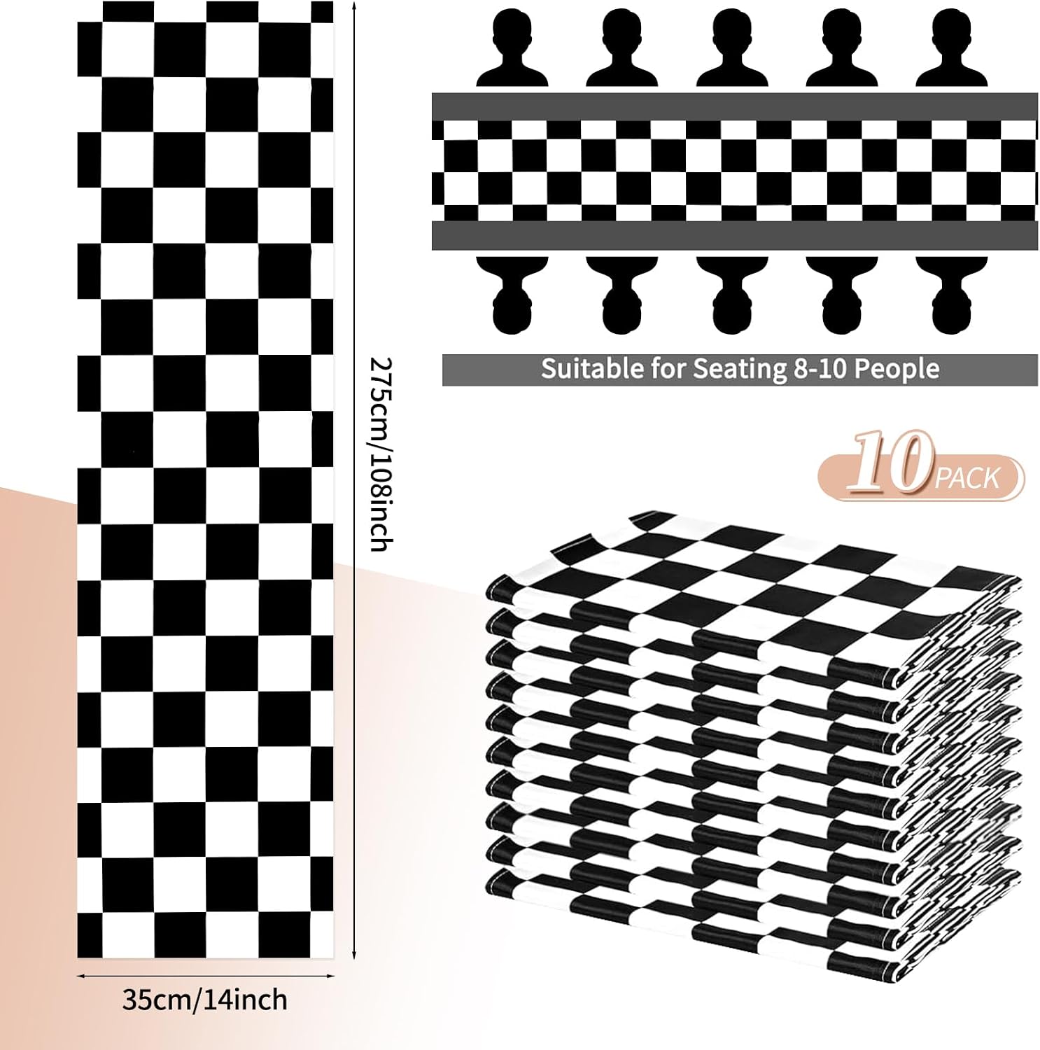 10 Pcs Checkered Plastic Table Runner 14 x 108 Inch Black and White Gingham Disposable Table Runner for Birthday Parties Wedding Decorations Baby Shower Racing Party Decorations
