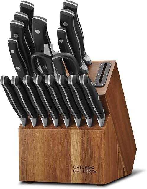 Chicago Cutlery Insignia Triple Rivet Poly (18-PC) Kitchen Knife Block Set with Wooden Block & Built-in Sharpener, Black Ergonomic Handles and Sharp Stainless Steel Professional Chef Knife Set