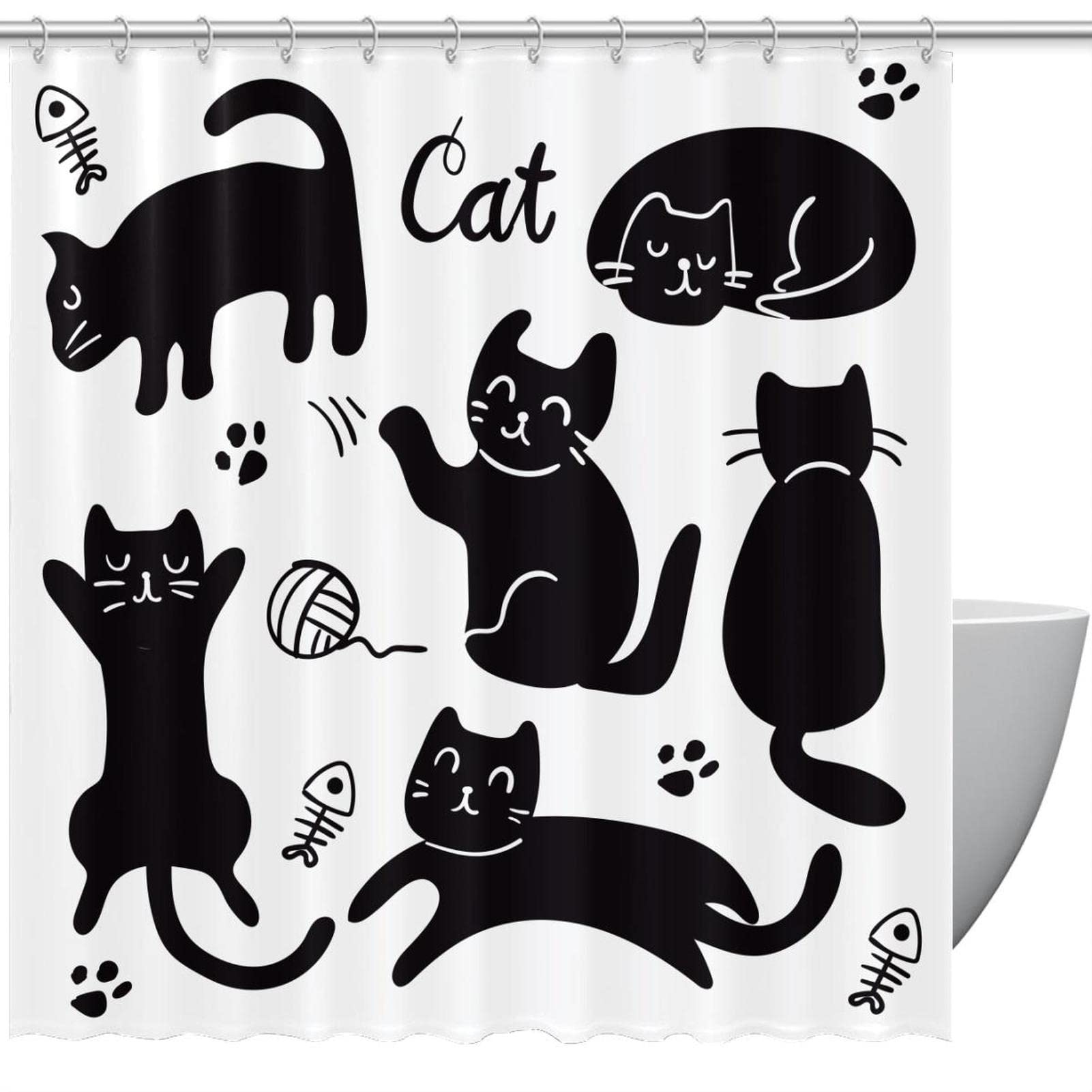 Rideau de douche chat noir anti éclaboussures lavable 152x183 cm pour sol sec