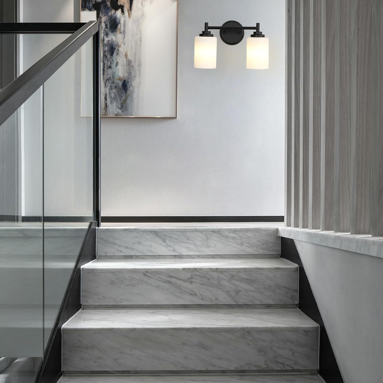 Matte Black Bathroom Light Fixtures,2-Light Bathroom Vanity Light Over Mirror with White Frosted Glass Shade,Modern Farmhouse Wall Sconces Lighting for Bedroom Cabinet Kitchen Living Room