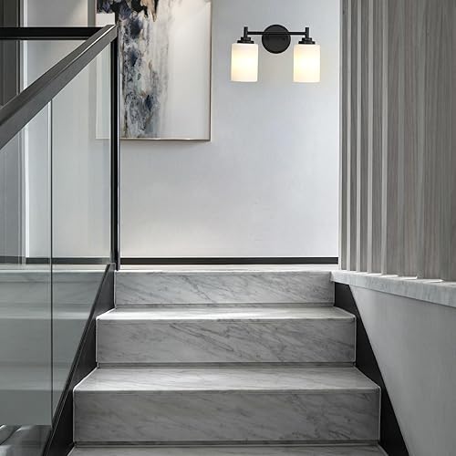 Miniatura 7 de Lámpara de baño negra mate, 2 luces para tocador de baño con pantalla de vidrio esmerilado blanco, modernos apliques de pared para dormitorio,