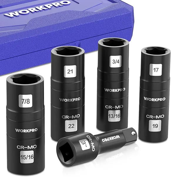 WORKPRO 5PCS Impact Socket Set 1/2" Drive, Lug Nut Socket Set, Wheel Socket Set Cr-Mo Steel, Includes 1PC 3" Extension Bar & 4PSC Flip Sockets of 6 Metric and SAE Sizes 5pcs Flip Socket Set