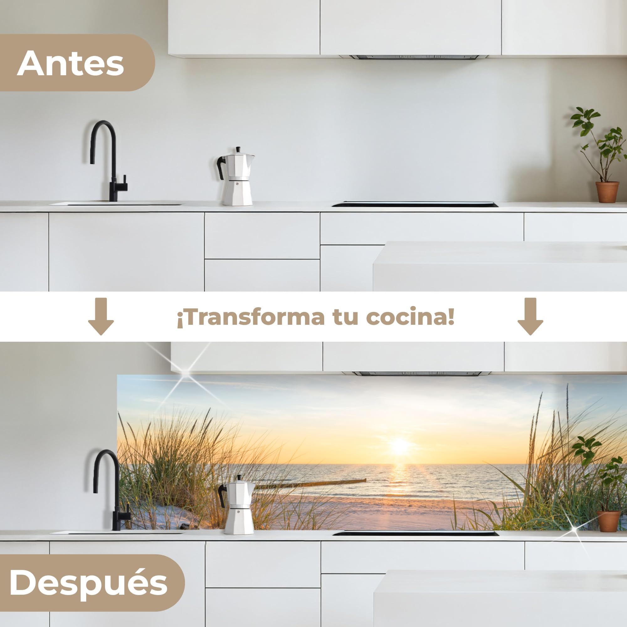 KitchenYeah© Antisalpicaduras Cocina 60x200 cm Adhesivo Salpicadero Protector Salpicaduras Sink Splash Guard Playa - Sol - Duna - Hierba - Arena - Horizonte | 60 x 200 cm – Panel trasero de cocina para cocina, pared, playa, sol, duna, hierba, arena, horiz