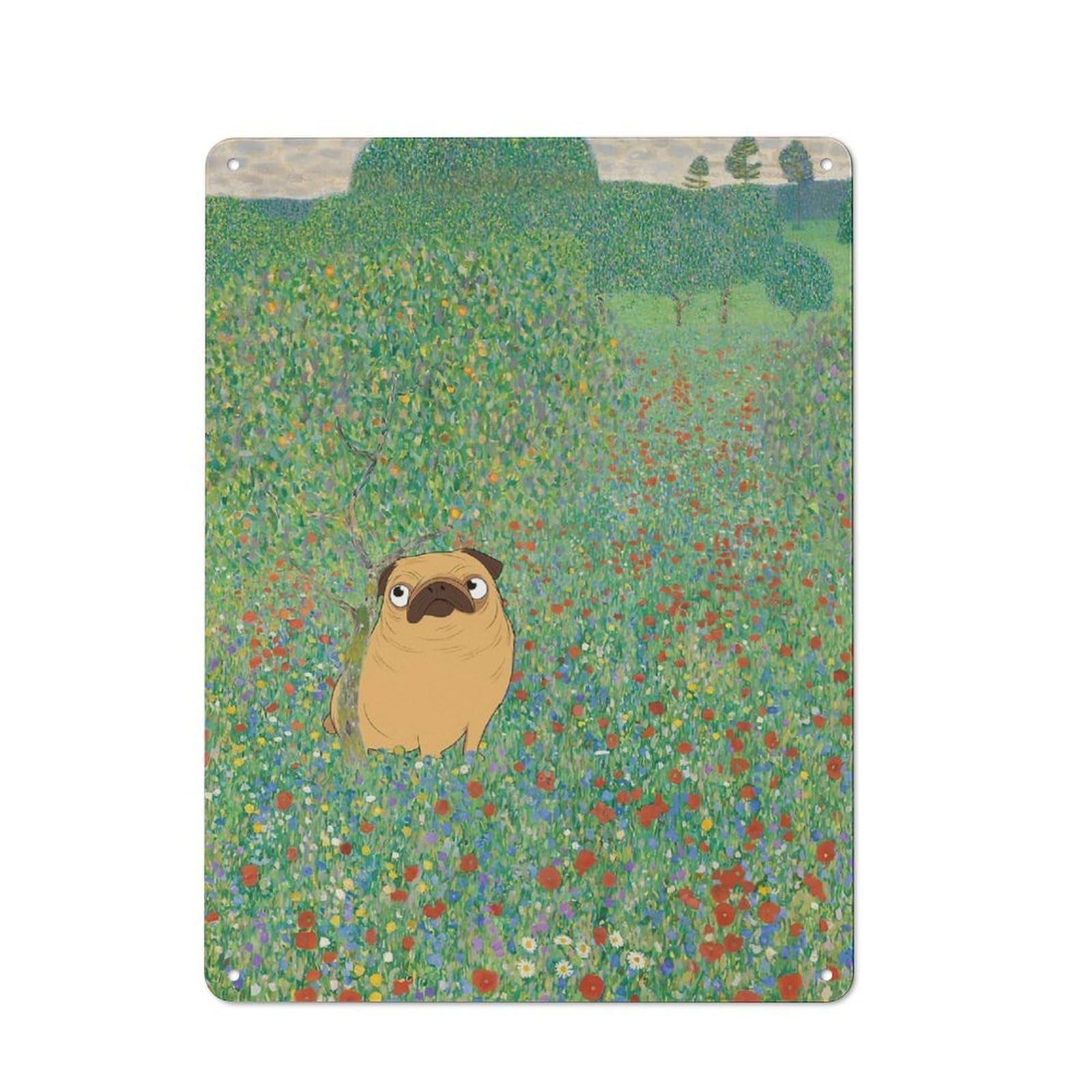 Junmoney Style-3 Casual Klimt Poppies Pug Flowers Garden Room Metal Sign 40X30cm, Porch Wall Decor For Conservatory, Home Bar Or Utility Room