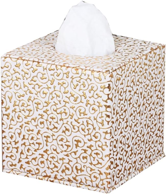 Hfkm Home Pu Leather Tissue Box Office Square Creative Tissue Holder Cover 5.3" 5.3" 5.3" (White Gold)