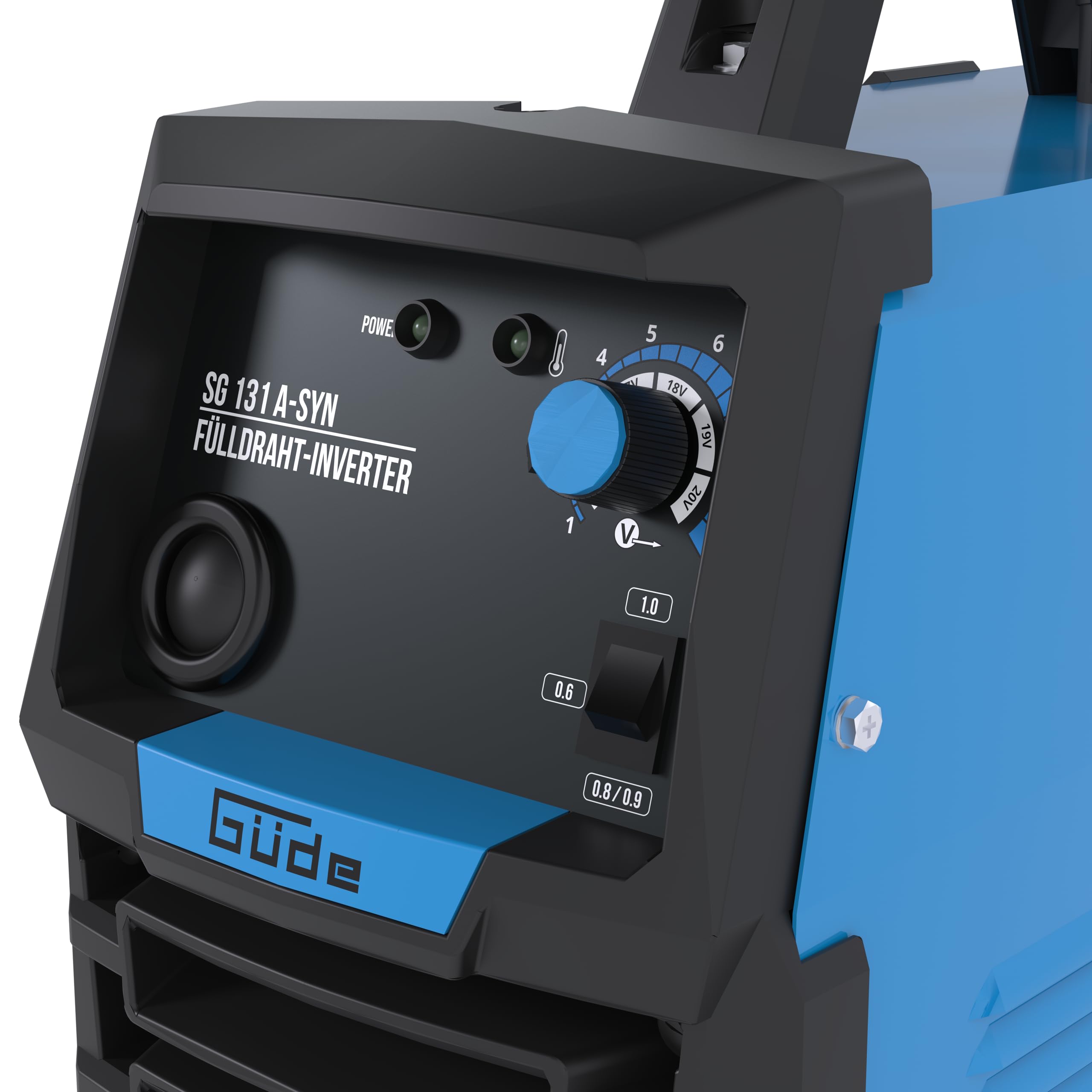 Güde Spawarka do drutu napełniającego SG 131 A-SYN (230 V, technologia inwerterowa, do drutu 9 mm, maks. natężenie prądu 120 A, w zestawie osłona spawalnicza, pakiet węży, drut wypełniający, młotek