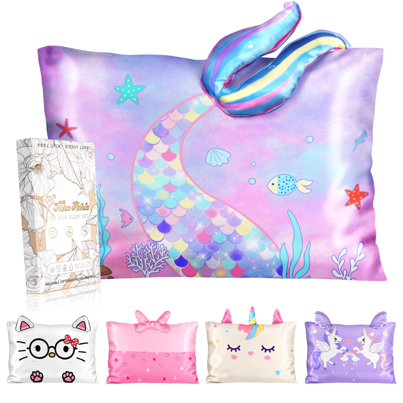 Miss Adola 1 Pack Kids Pillowcases Standard Size 20"x26" - Cute Cartoon Soft Breathable Silk Pillow Cases for Hair and Skin with Hidden Zipper for Girls Fun Kawaii Design for Bedding, Fish Tail