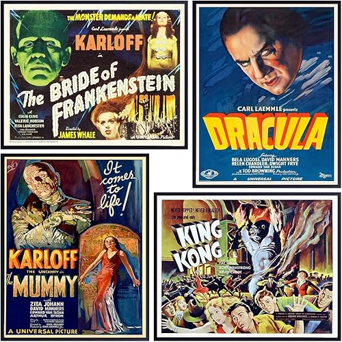 King Kong, Dracula, The Mummy, Frankenstein Horror Monster Movie Wall Art & Decor - Vintage Poster Set - Creepy Classic Scary Movie Home Theater