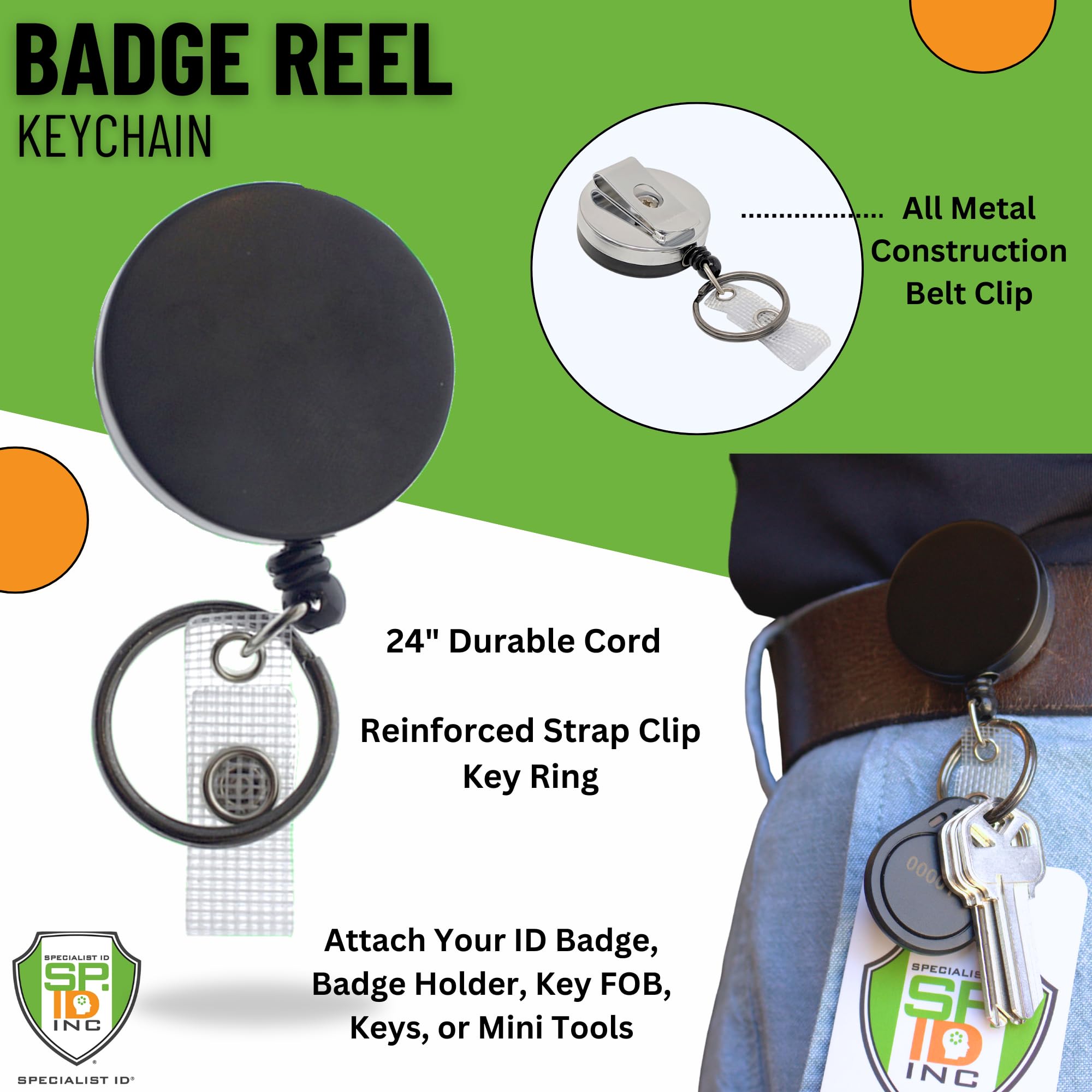 Specialist ID Strapazierfähige Ausweis- und Schlüsselhalter zum Ausziehen, Metallgehäuse, dicke Nylon-Kordel, Gürtel-Clip, verstärkter Riemen und Schlüsselring Schwarz