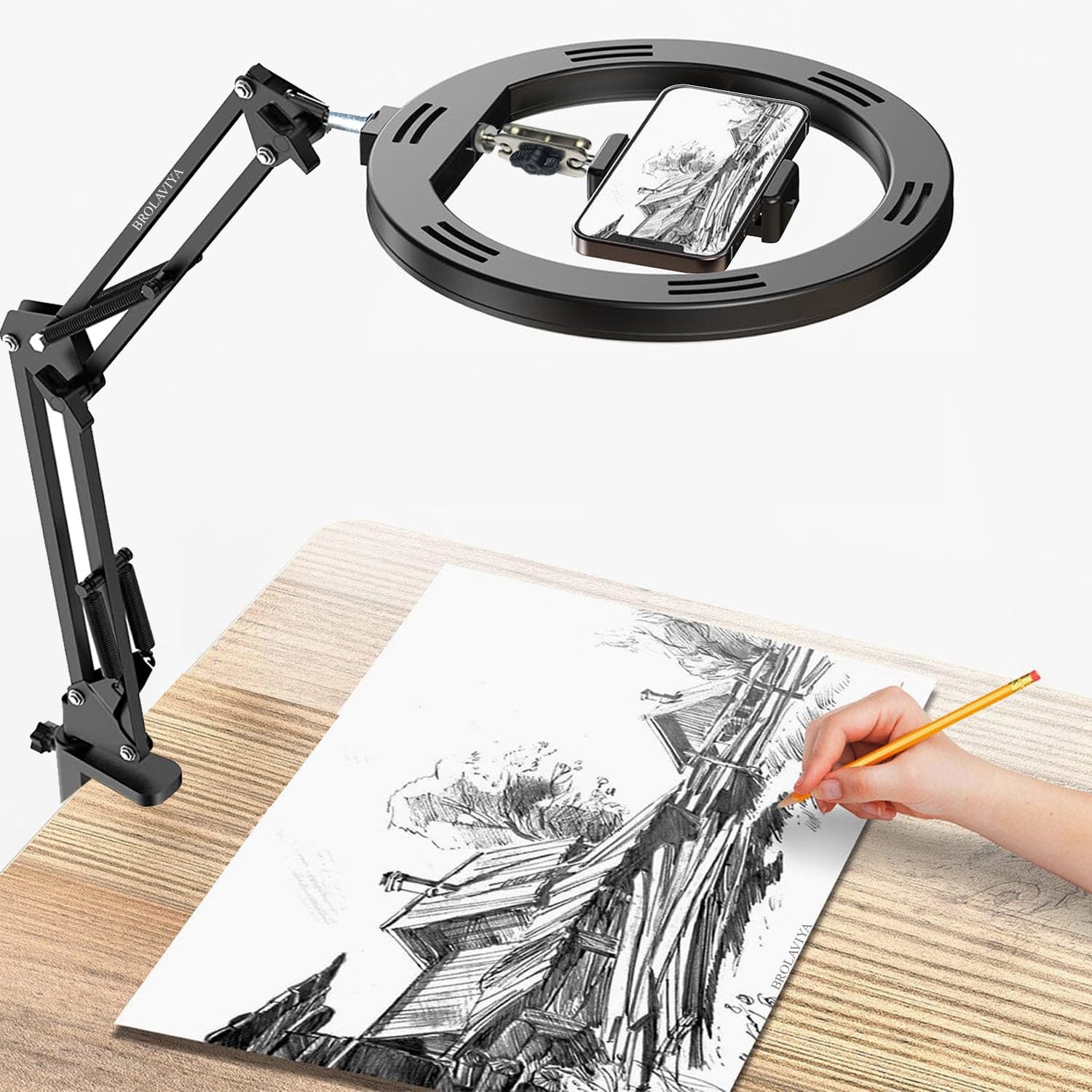 BROLAVIYA No Shadow Overhead Video Mobile Stand with 10inch Selfie Ring Light, Metal Arm,1/4" Adaptor for Camera, GoPro and Mobile Bracket for Desktop, Bedroom, Office-picture-29