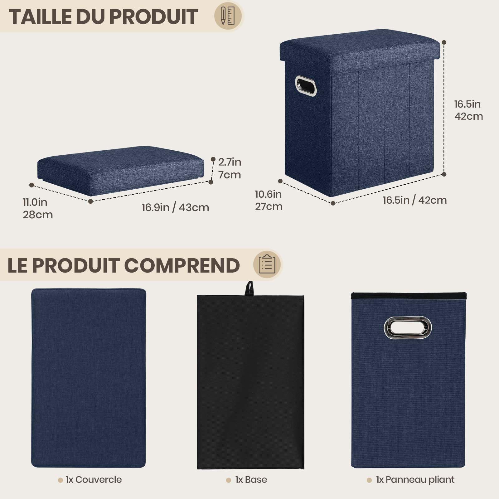 COSYLAND Pouf de Rangement Pliable en Lin – Ottoman avec Couvercle 42x27x42 cm, Banc Coffre Repose-Pieds 150 kg, Tabouret de Salon avec Espace de Stockage Caché, Gris beige