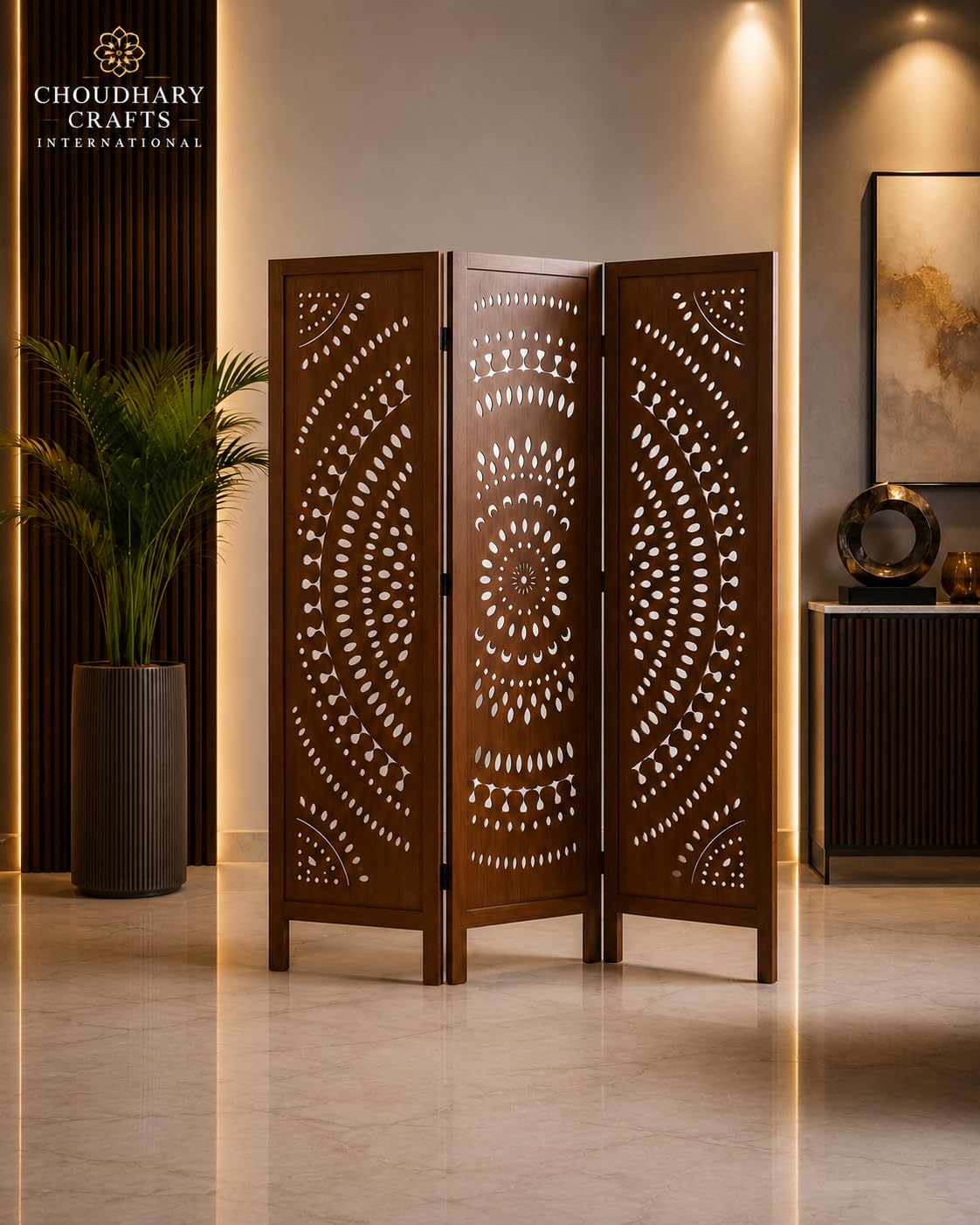 CHOUDHARY Crafts Decorative 3-Panel Room Divider Screen, Mandala Pattern, Brown with White Cut-Out Design-image-15
