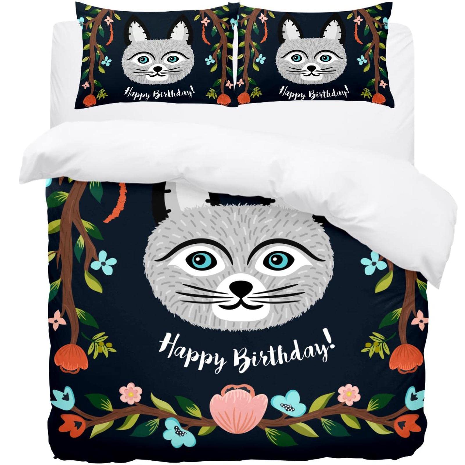 Parure de lit motif chats et fleurs en tissu doux avec housse de couette 3 pièces