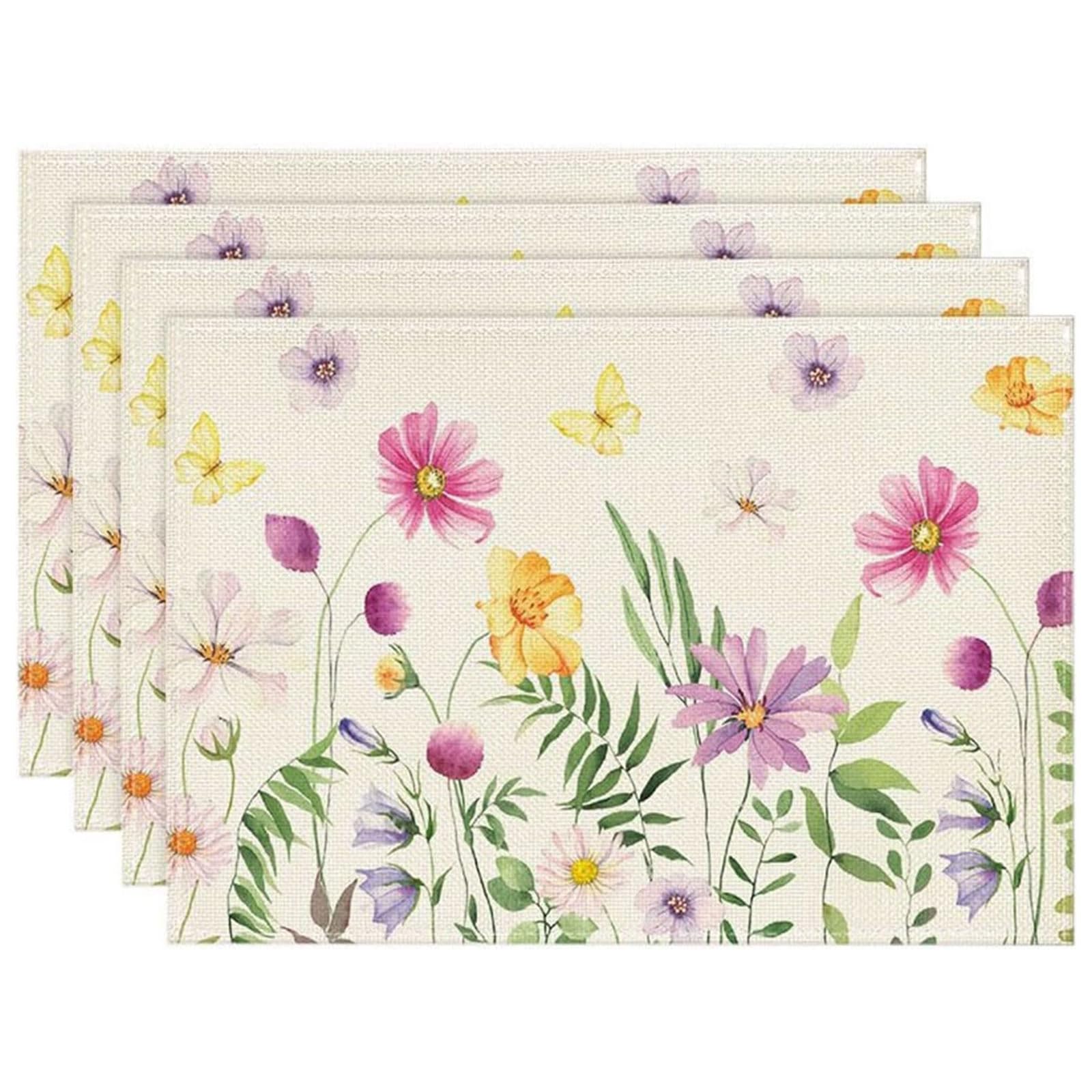 Placemats Set of 4 Modern Floral Design Washable Reusable Table Mats for Dining Kitchen 45x30cm Stain Resistant Fabric Mats for Everyday Use Party Holiday Decor (Floral-A)