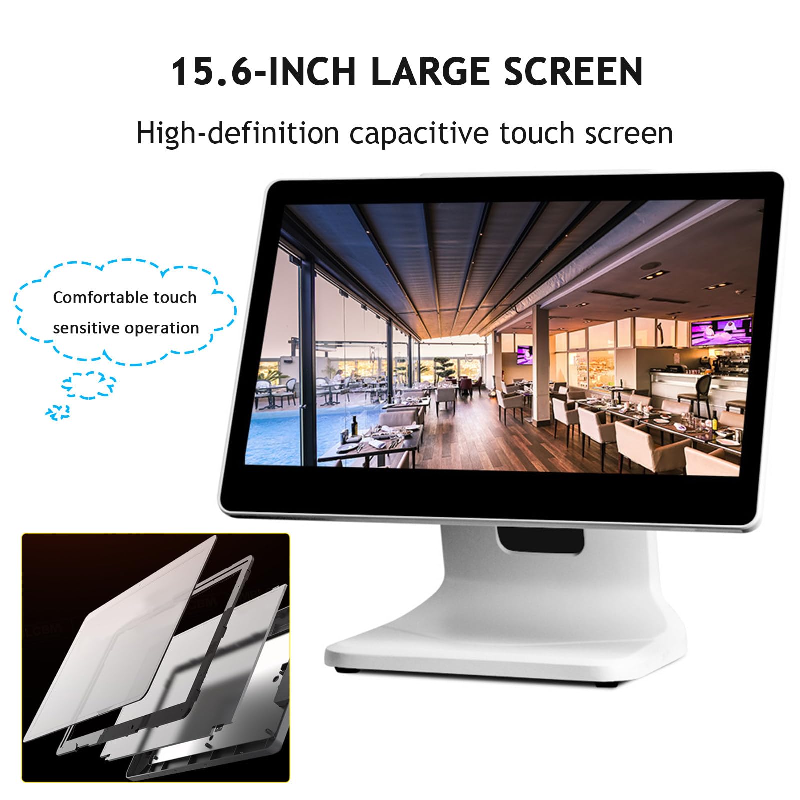 Terminale di pagamento touchscreen con registratore di cassa integrato, ideale per bar, saloni e piccole imprese