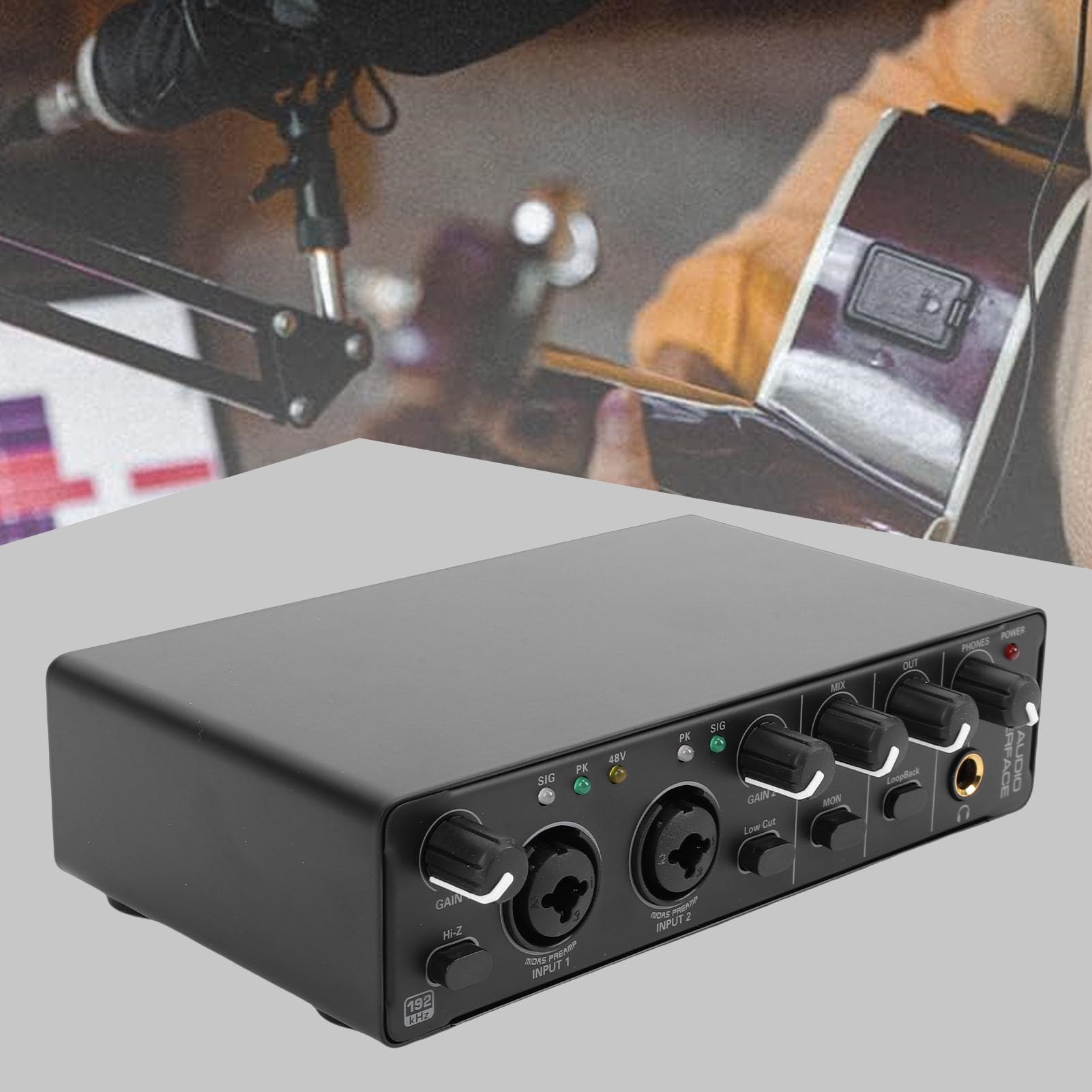Fockety Interfaz de Audio USB C, Interfaz de Audio de Estudio de Grabación de 24 Bits 192 KHz con Entrada XLR y Alimentación Fantasma de 48 V para Grabación, Podcasting, Guitarrista (BLACK)
