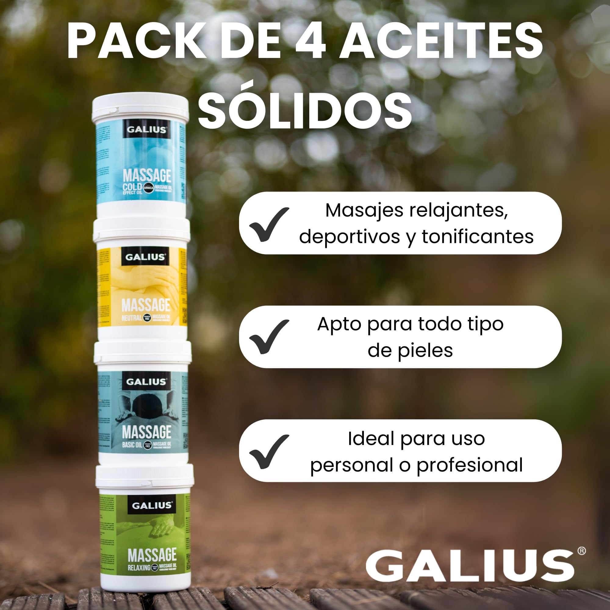 Galius - Pack de 4 Aceites Corporales Sólidos para Masaje 100ml - Aceite Masaje Efecto Frío, Neutro, Relajante, de Romero - Aceites Esenciales - Ideal para Profesionales y Deportistas - No Mancha Ropa