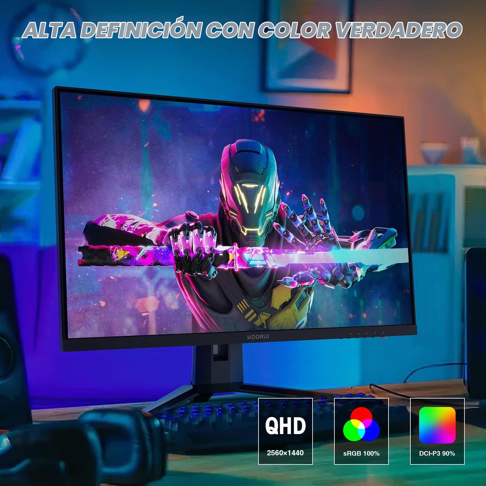KOORUI 27E1QA Gaming Monitor 27 Pulgadas, QHD 2560 x 1440 PC Pantalla Adaptive-Sync, VA, 1ms, HDMI 2.0，DP 1.2 Audio out,VESA 75 * 75mm, Eye Care，inclinación Ajustable