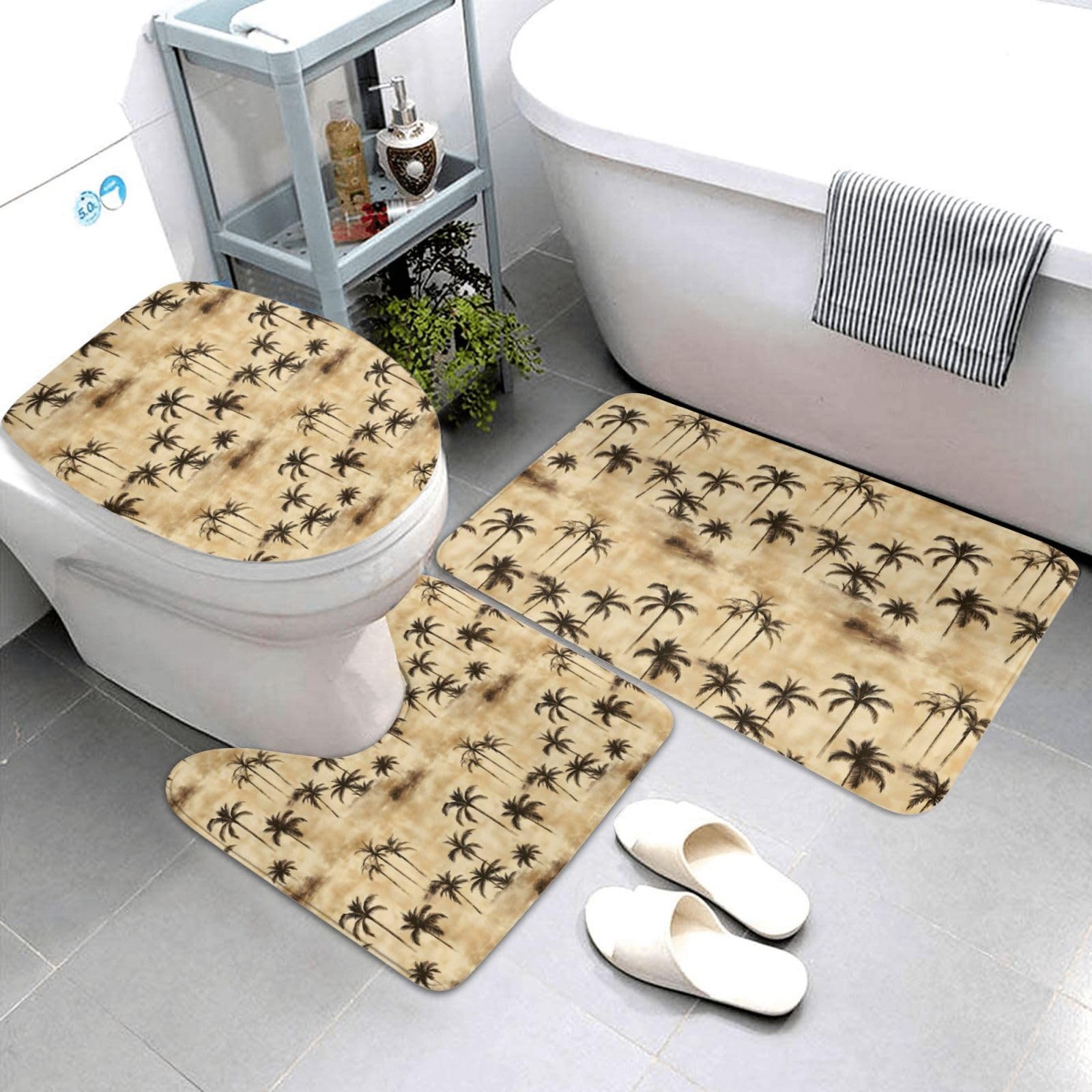 Tapis de salle de bain lot de 3 avec contour WC en U motif cocotier rétro