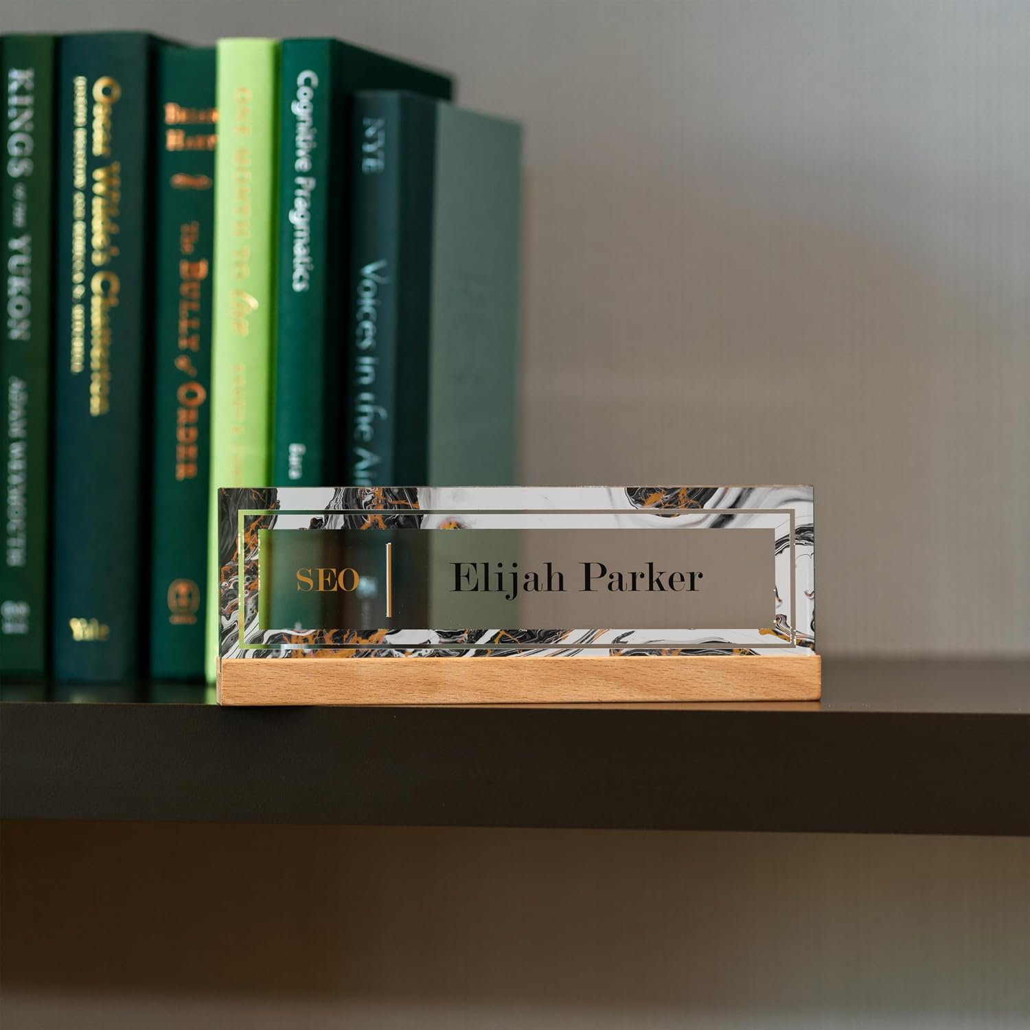 Office Desk Nameplate Personalized, Acrylic Desk Plaque with Wooden Base, Custom Desk Plaques Personalized Engraved, Desk Accessories for Women, Office Gifts for Employee (Marble 24)