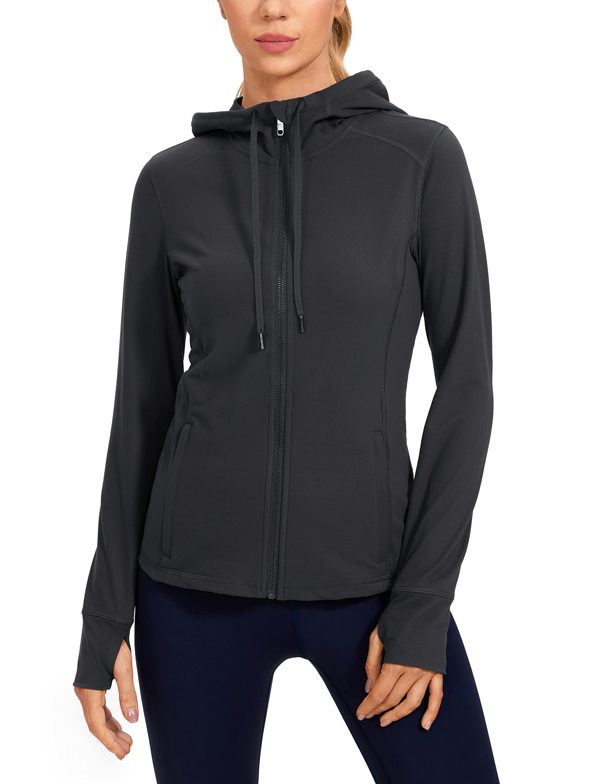 Women's Brushed Full Zip Hoodie Jacket Sportswear Hooded Workout Track  Running Jacket with Zip Pockets