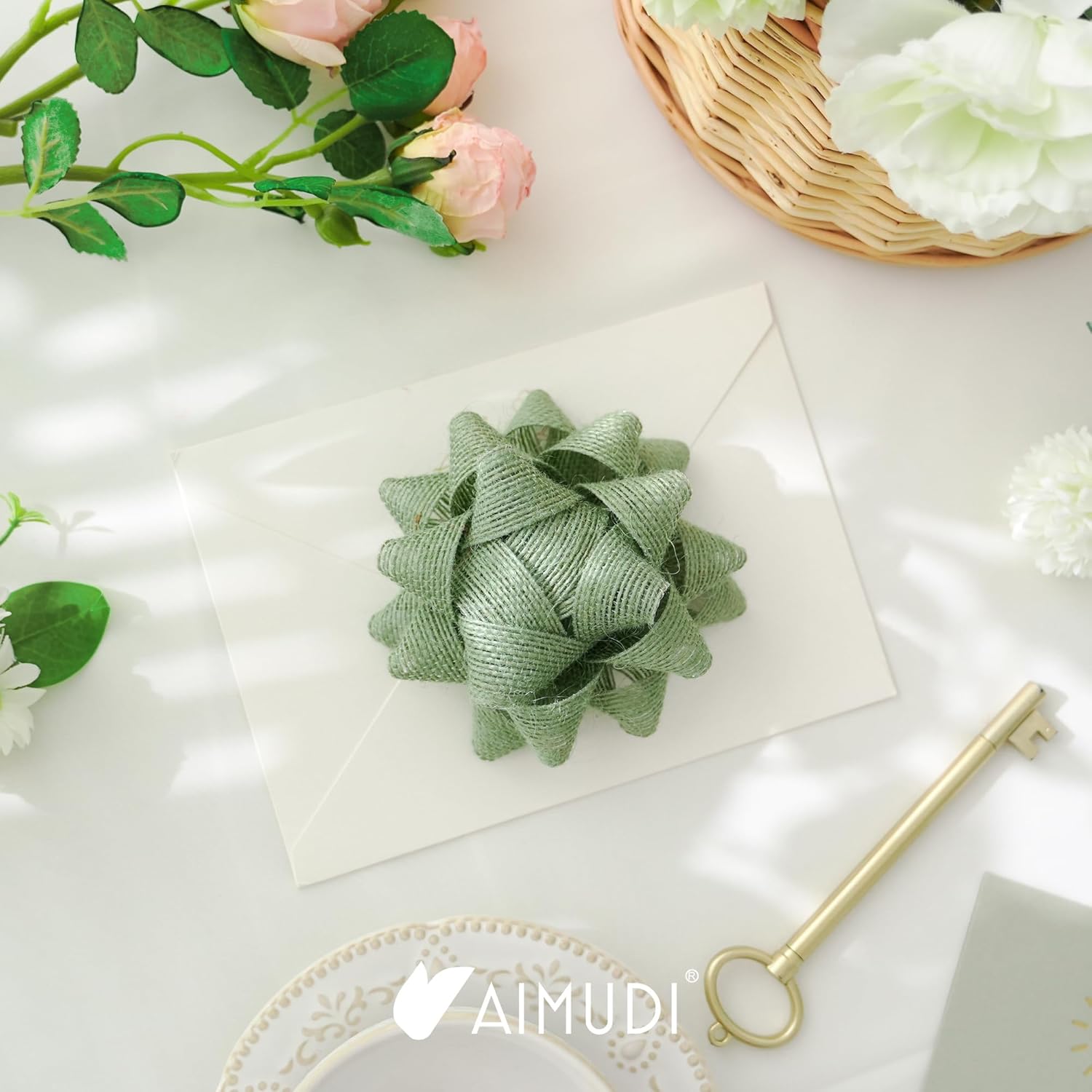 AIMUDI Sage Green Bows for Gift Wrapping 4.5'' Burlap Gift Bows Self Adhesive Bows for Presents Baskets Birthday Party Holiday Baby Shower Wedding Decorations - 6 Counts - Image 7