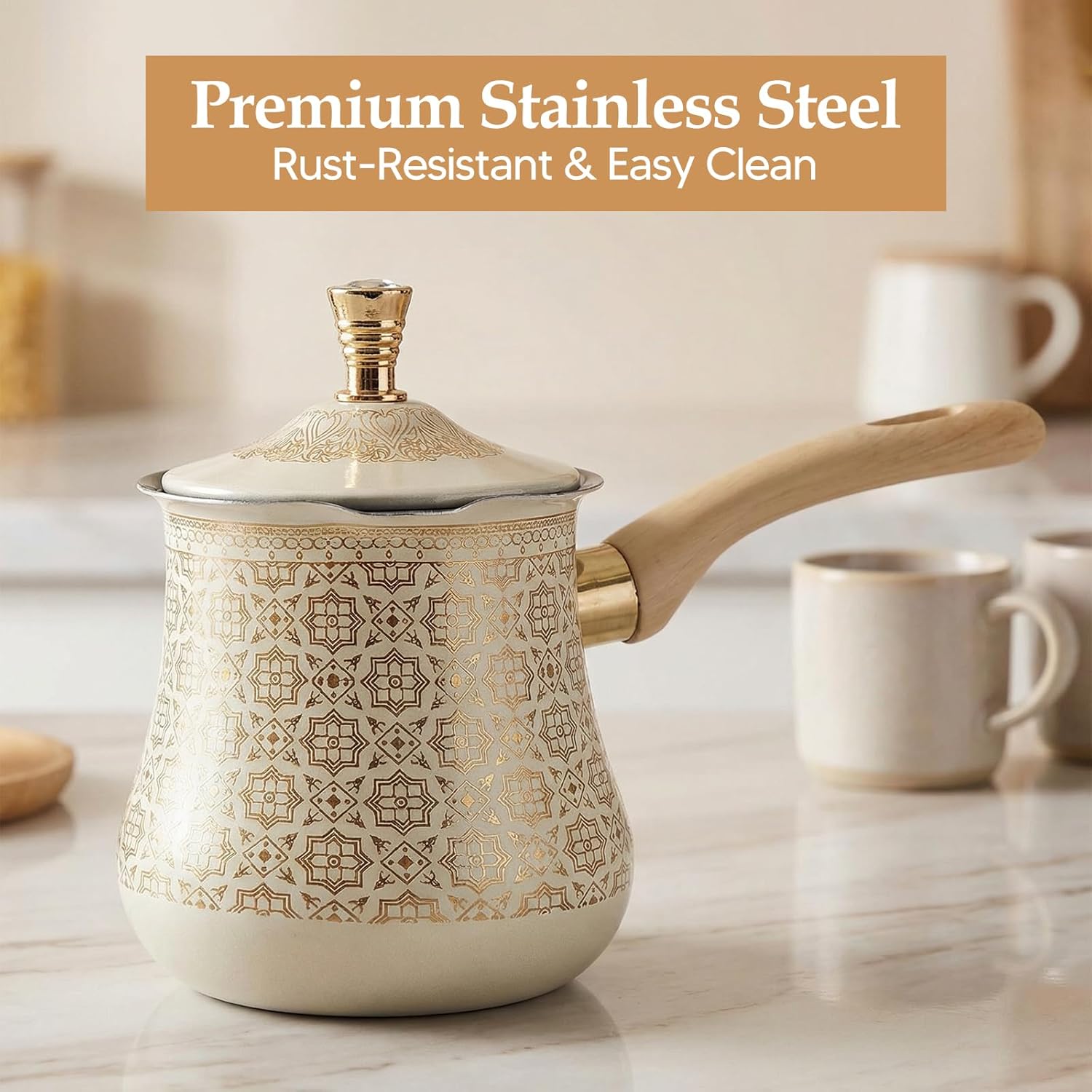 Stainless Steel Turkish Coffee Pot Milk Warmer Multifunctional Long Wooden Handle Butter Melting Pot Kitchen Accessory, Golden Pattern, 550ml