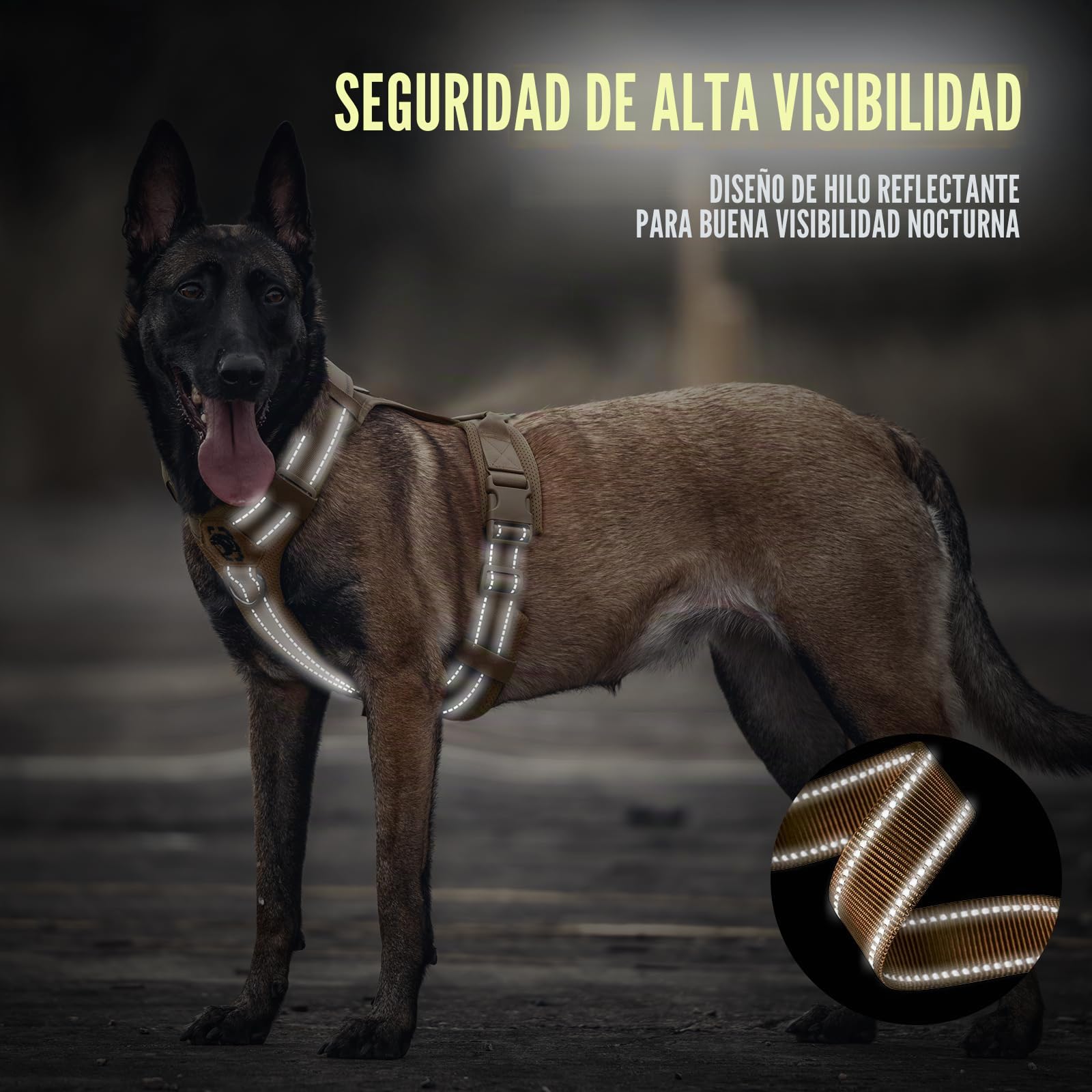 OneTigris arnés para perros, Diesel ajustable táctico acolchado suave para perros medianos y grandes con reflectante, 1 asa, 3 anillos en D (Marrón, M)