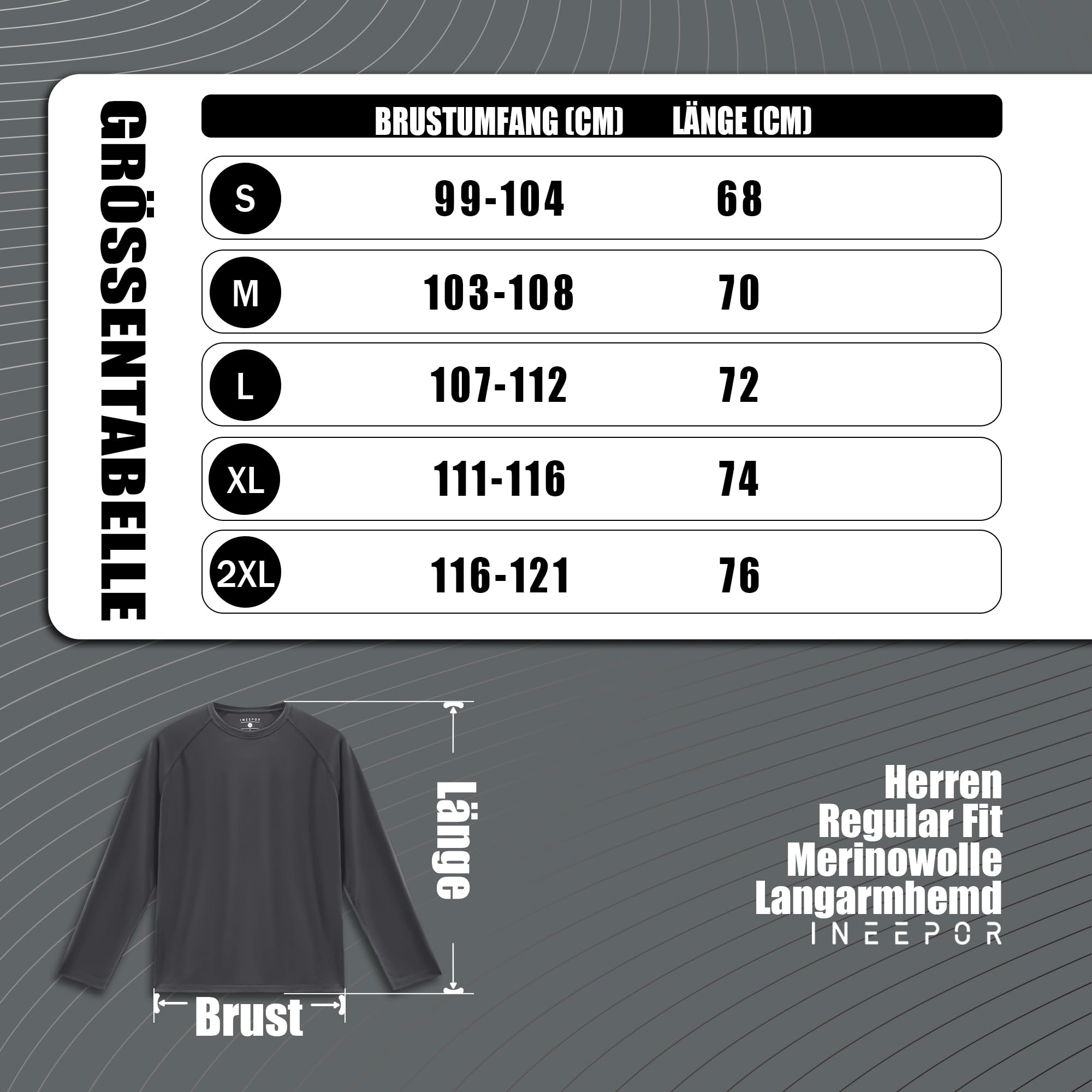 ineepor Merino Shirt Herren Langarm Funktionsshirt Sportshirt Wandershirt | Atmungsaktiv, Schnelltrocknend, Geruchshemmend, Long Sleeve, Gym, Fitness, Trekking