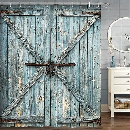 Vista 11 de Cortina de ducha rústica de madera estilo granero, 60 x 70 pulgadas, color beige