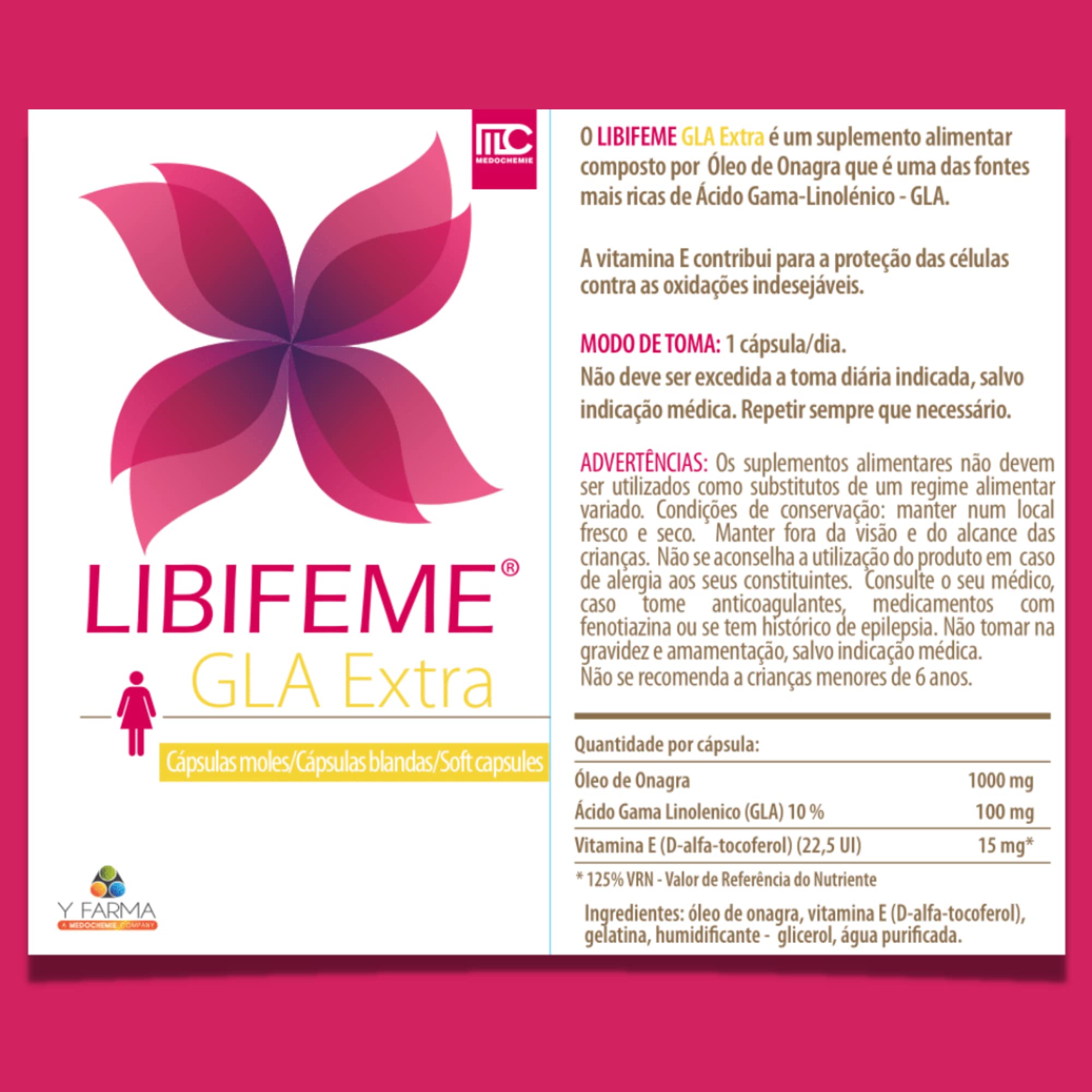 Libifeme Gla Extra - Reduce los Sintomas del Sindrome Premenstrual - Calambres Abdominales Dolor de Cabeza Tensión en Senos Ansiedad e Irritabilidad - Aceite de y Vitamina E, Onagra, 30 Pastillas