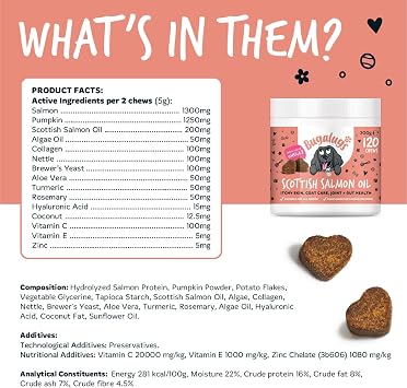 Bugalugs Scottish Salmon Oil Chews For Dogs, Dog Supplement Supports Skin And Coat, Dog Itchy Skin & A Moulting, Omega 3 Fish Oil (120 Chews, Salmon)