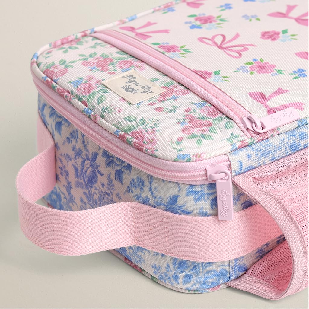 Itzy Ritzy Boîte à déjeuner pour enfant – Le sac à déjeuner pour enfants est isotherme et comprend un porte-bouteille d'eau plus 2 poches – Durable, facile à nettoyer (rubans et roses)