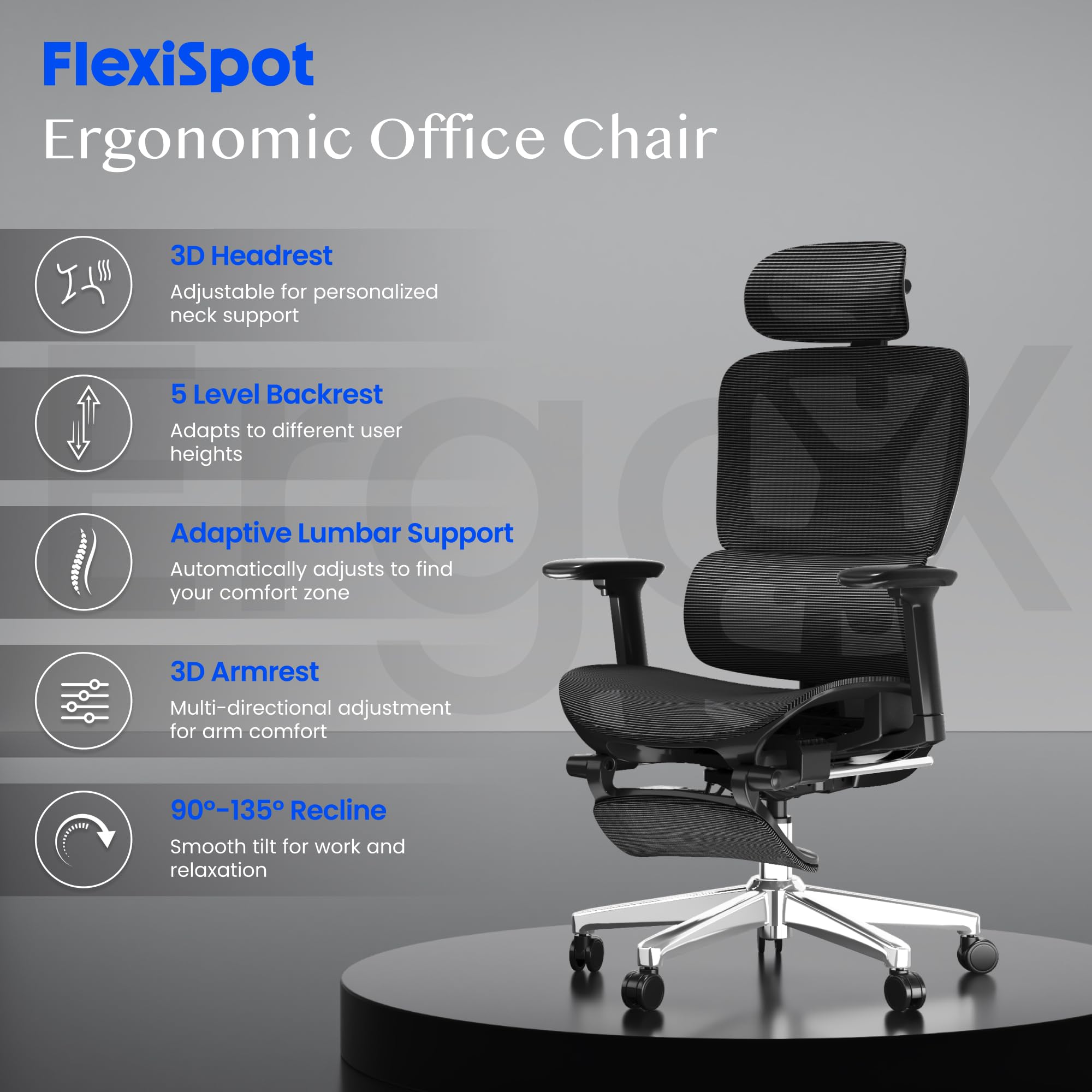 FLEXISPOT ErgoX Ergonomischer Bürostuhl mit Fußstütze 3D-Armlehnen 3D-Kopfstütze 5D-Rückenlehne Atmungsaktiver Sitz 136 kg Schwarz