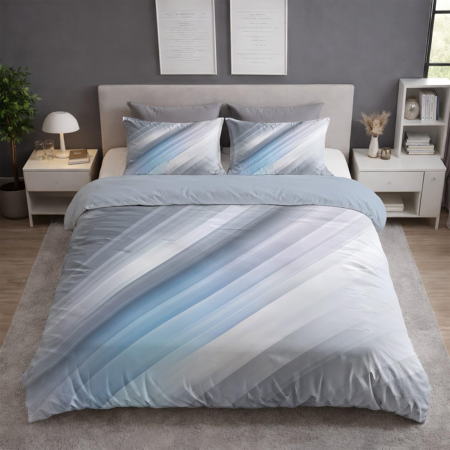 Generic Zestaw poszewek na kołdrę nowoczesne abstrakcyjne linie podwójne 200 x 200 cm, szaro-niebieski minimalistyczny zestaw pościeli 3-częściowy zestaw, miękka poszewka na kołdrę z mikrofibry dla