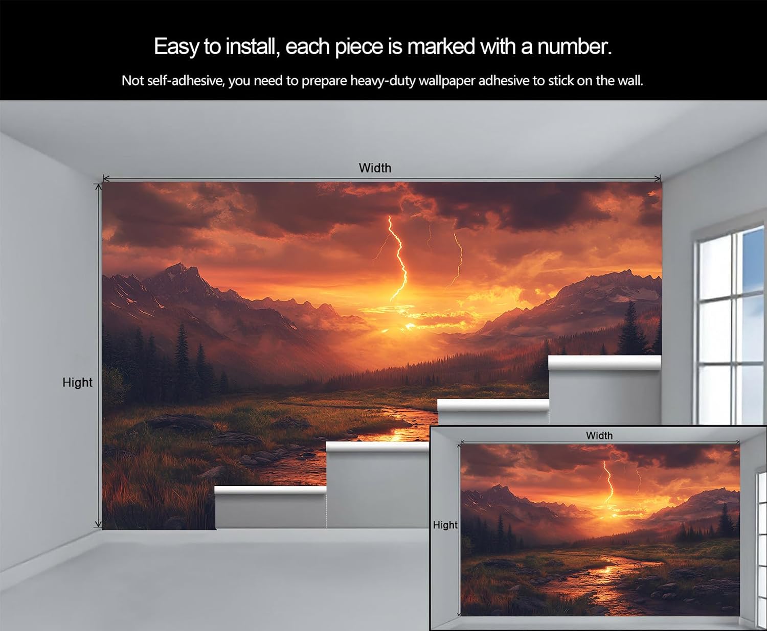 Mountain Wallpaper, Nature Wallpaper for Bedroom, Lightning Mural & Home Decor, 3D Wall Murals for Living Room 78" x 55" (Not Peel and Stick)