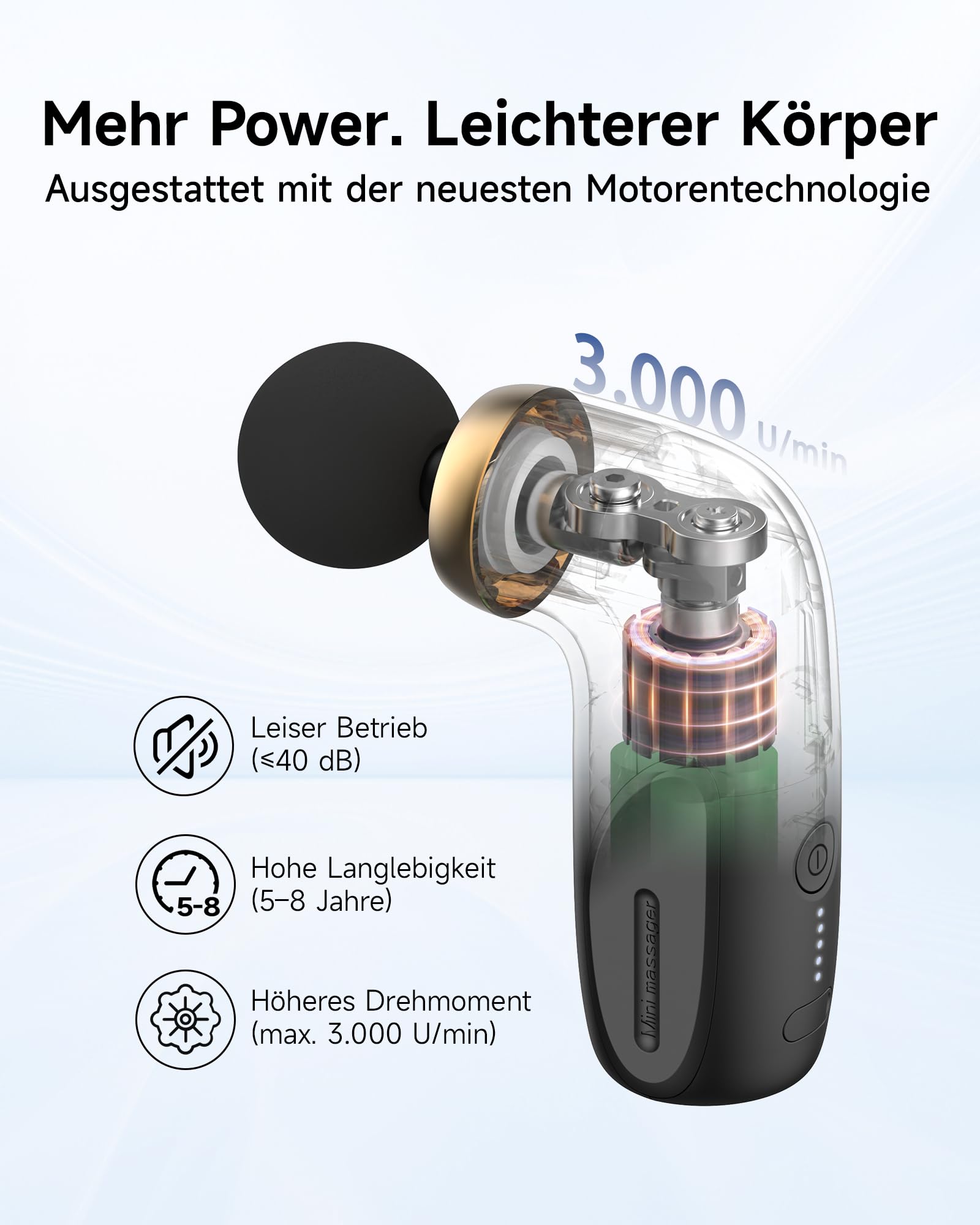 HEYCHY A1 Super Mini Massagepistole, 0,27 kg, 4 Silikonaufsätzen, Schwarz | Tiefengewebe Massage Gun mit 7 mm Amplitude, bis 3000 U/min, USB-C und Akku, für Sport, Büro und Reisen