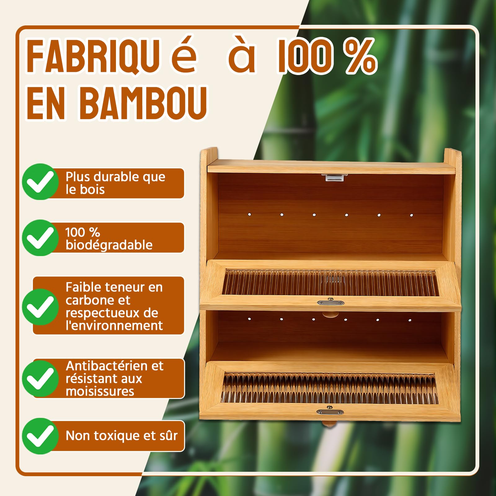 HAUSPROFI Boîte à pain en bambou à 2 étages - Avec planche à découper - Fenêtre visible ondulée - Élégante boîte à pain pour le stockage du pain - 40 x 25 x 40 cm