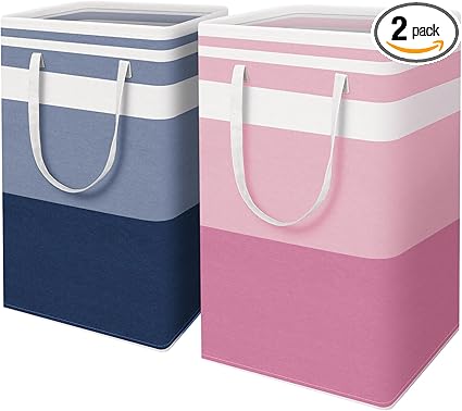HomeHacks 2 Pack Large Laundry Baskets, Waterproof, Freestanding Laundry Hampers, Collapsible Clothes Hamper with Reinforced Handles in Laundry, College Dorm, Bathroom, Bedroom (Blue+Pink, 88Lx2)