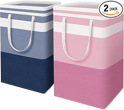 HomeHacks 2 Pack Large Laundry Baskets, Waterproof, Freestanding Laundry Hampers, Collapsible Clothes Hamper with Reinforced Handles in Laundry, College Dorm, Bathroom, Bedroom (Blue+Pink, 88Lx2)