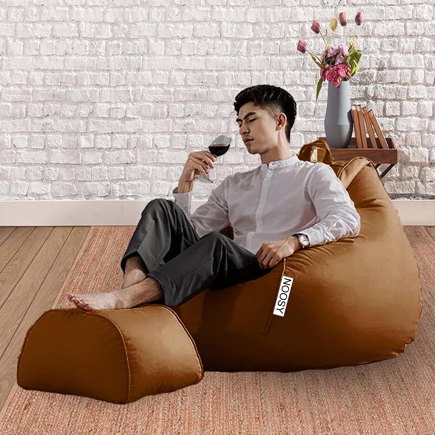 NOOSY Brand - XXL Faux Leather Filled Bean Bag with Stool Ready to Use Filled with Beans (Tan)