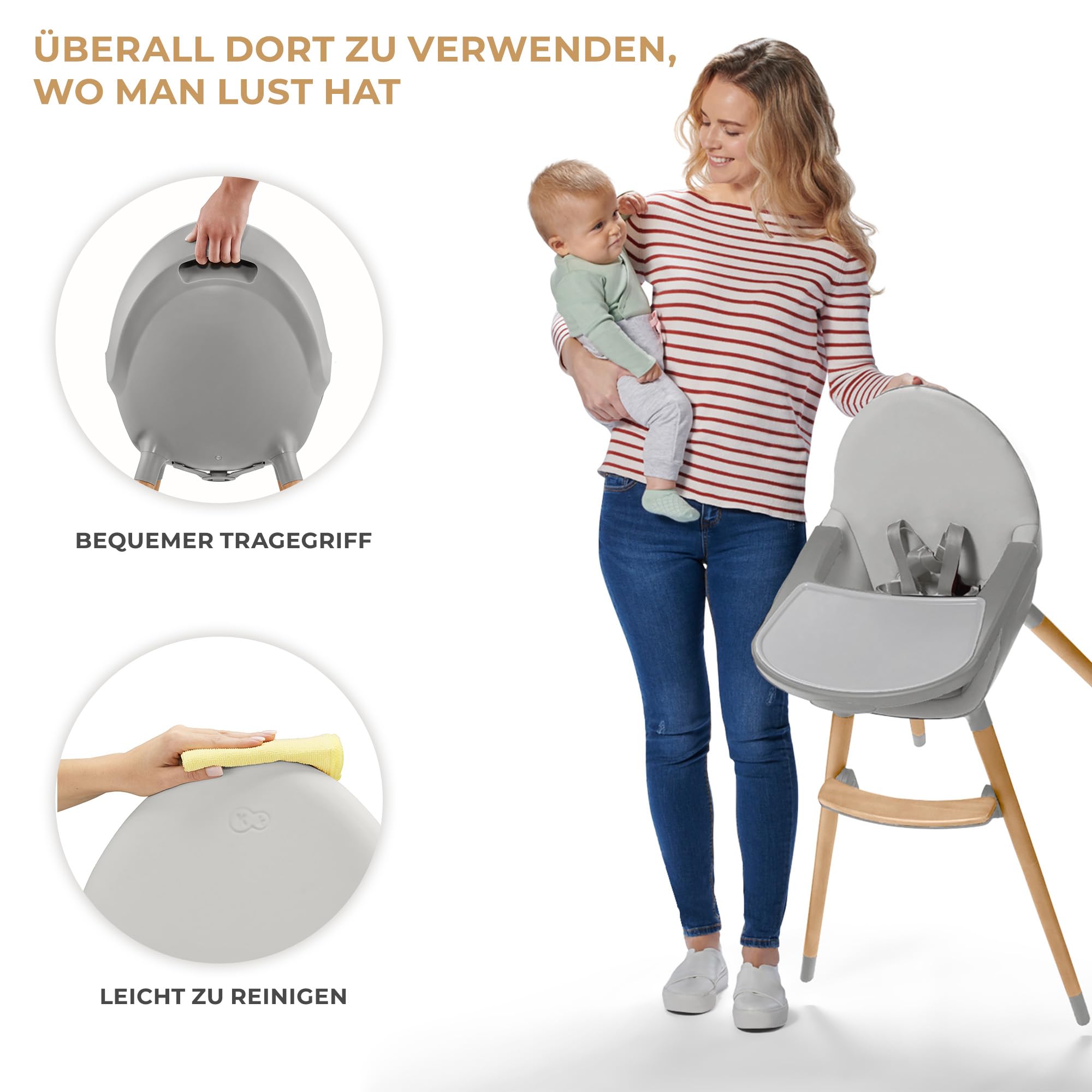 Kinderkraft Hochstuhl FINI2 2 in 1, Kinderhochstuhl, Babystuhl, Kombihochstuhl, Beine aus Holz, Sicherheitsgurte, Fußstütze, Doppeltablett, ab 6 Monate bis 5 Jahre, 5 Punkt Gurte, Grau