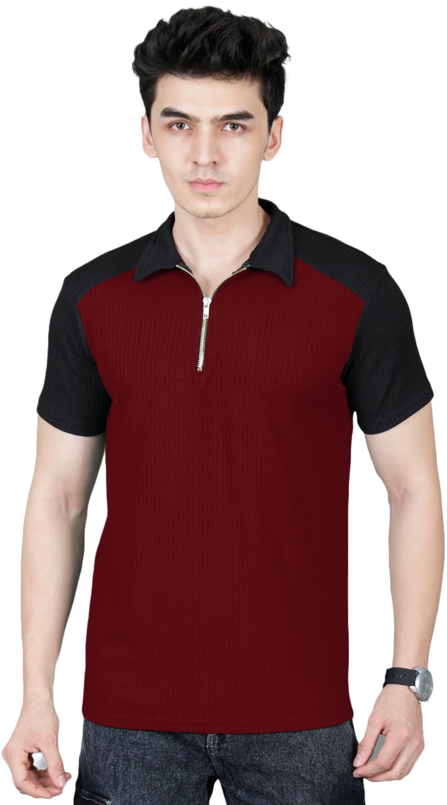 london hills Men Polyester Regular Fit Polo t Shirt Colorblock with Zipper Collar Tshirt-picture-36