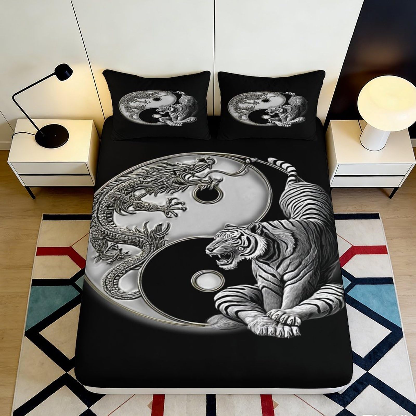 3D Printed Yin Yang Dragon and Tiger Fitted Sheet Microfiber Durable Breathable Yin Yang Bed Cover for Bedroom Dormitory Guest Room Mattress Protection 200x200x25cm