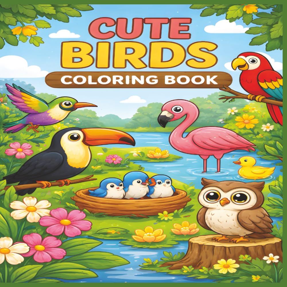 Cute Birds Coloring Book: 50 Beautiful Bird Scenes to Color, Learn, and Love