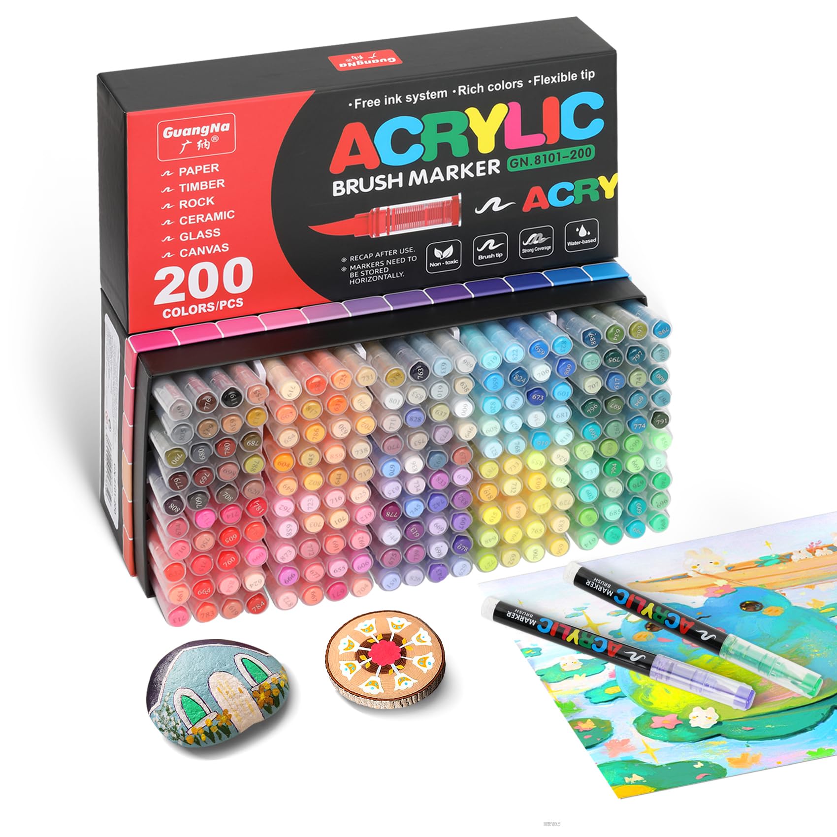 200 Colors Acrylic Paint Markers Brush Tip, Acrylic Paint Pens with Direct-Liquid Ink System, Paint Markers for Rock Painting, Fabric, Wood, Canvas, Plastic, Permanent,Washable,Quick-Drying,Waterproof