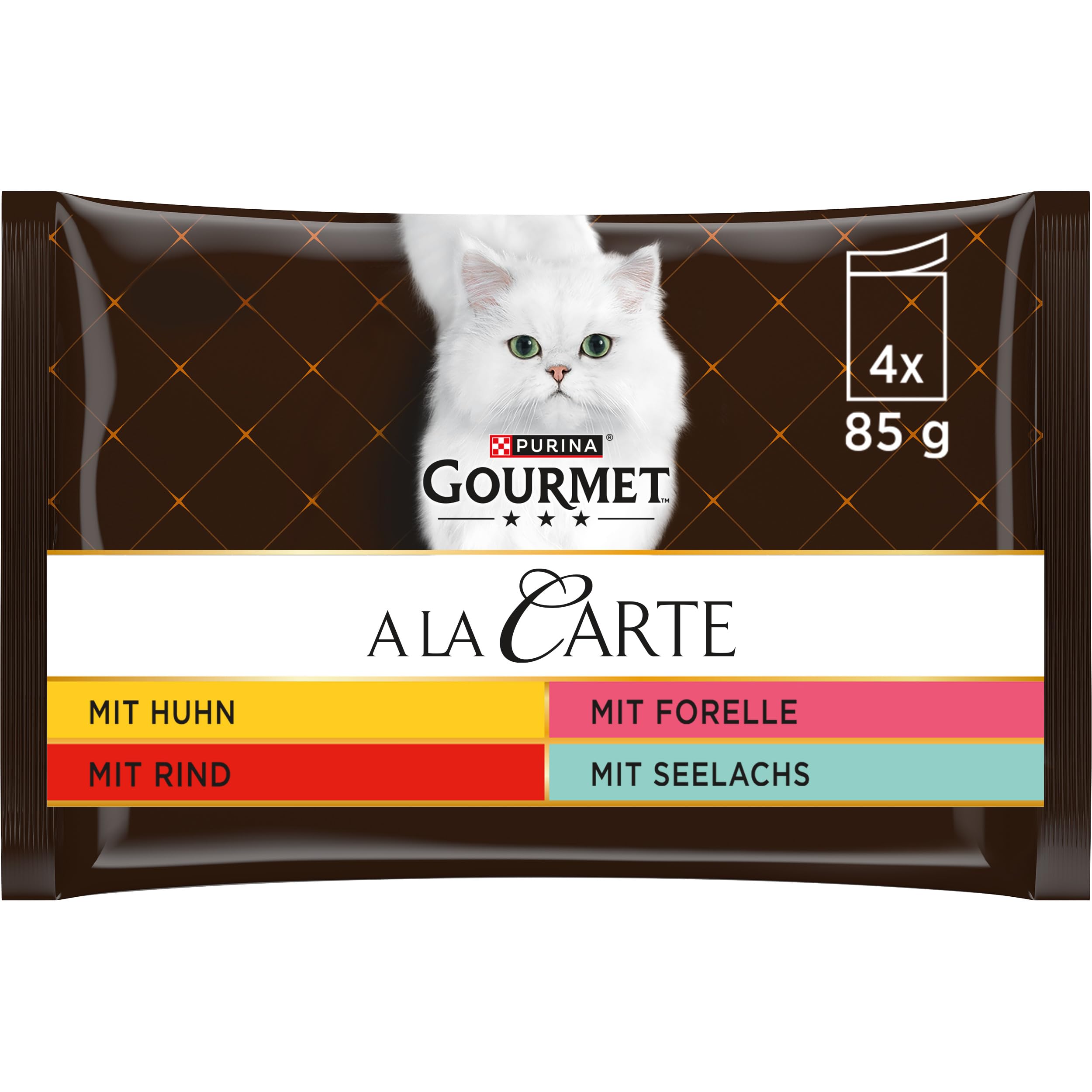 GOURMET Pearl, volwassen kat, filettines in saus, kalfsvlees, groenten, wild, wortelen, forel in spinaziesaus, 4 x 85 g, 12 stuks, vershoudzak